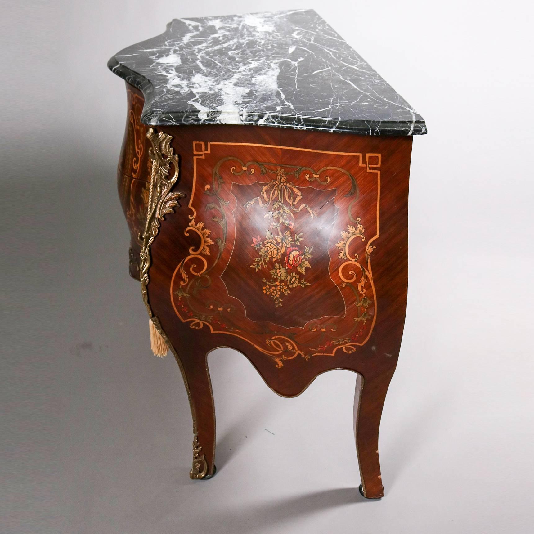 French Louis XV Style Hand Painted Marble Top Two-Drawer Bombe Commode In Good Condition In Big Flats, NY