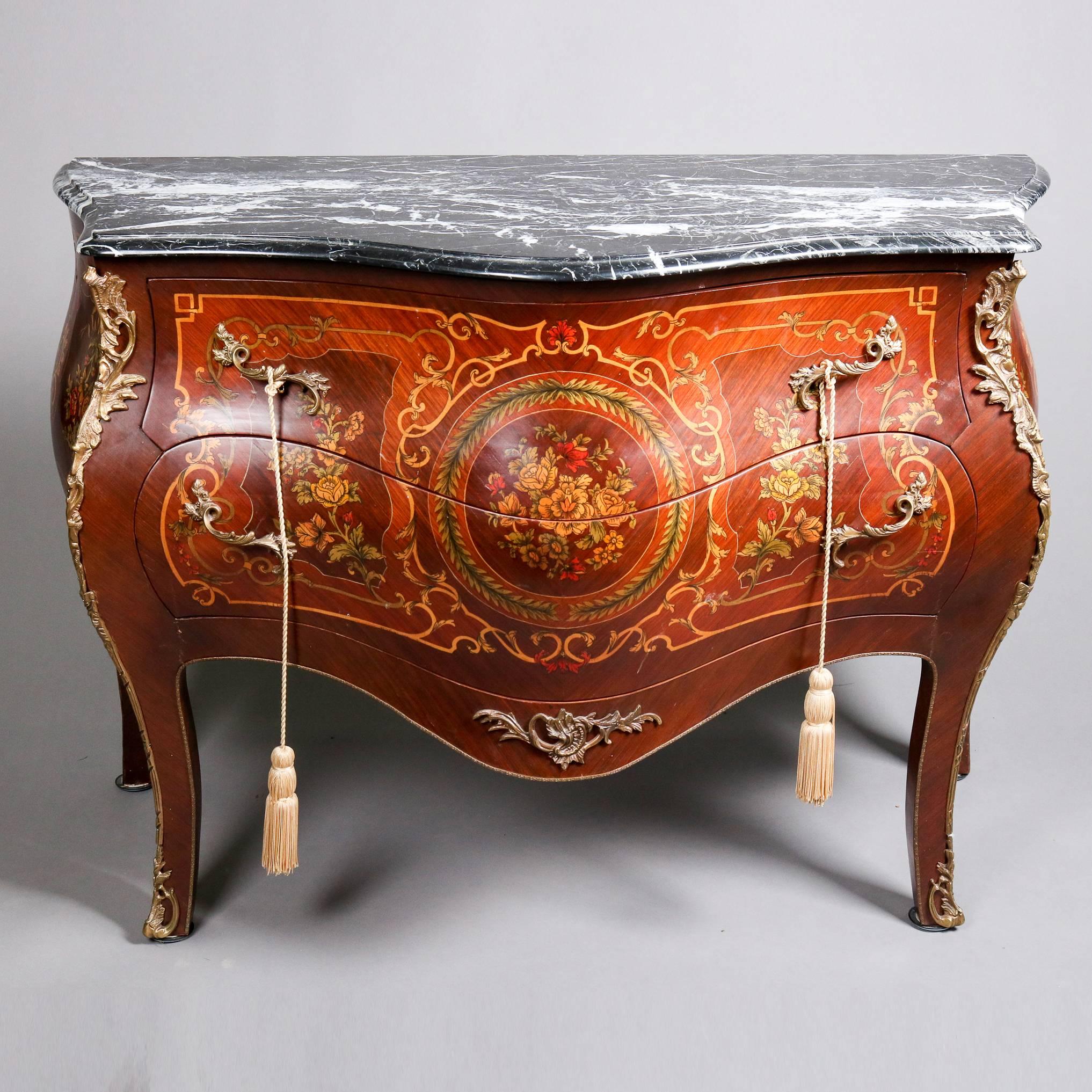 French Louis XV style hand-painted marble top mahogany two drawer commode features hand-painted floral, scroll and foliate design, cast foliate form bronze pulls, 20th century

Measures - 35