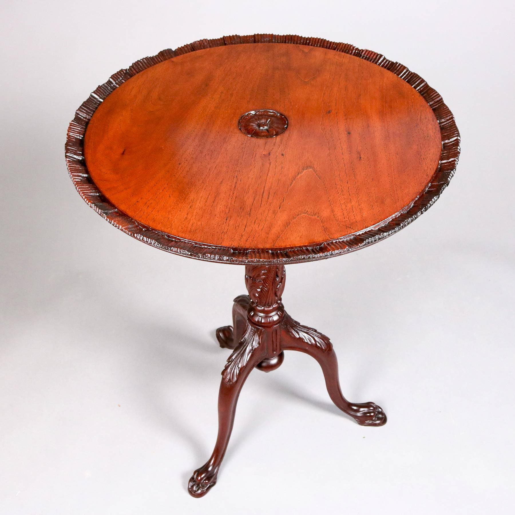 Hand-Carved Antique Carved Mahogany Figural Tilt Top Pie Crust Table with Acanthus