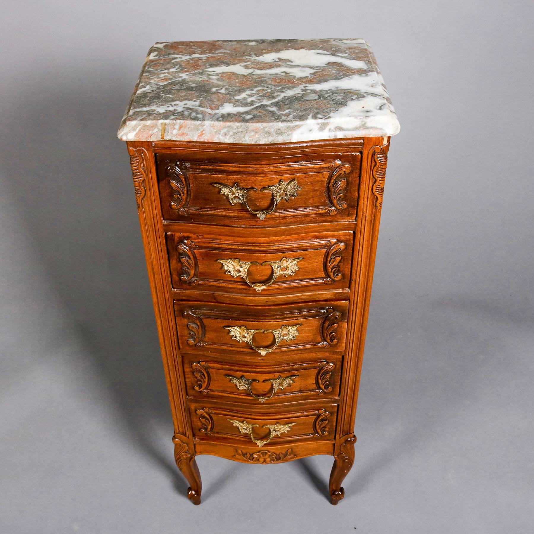 20th Century French Louis XVI Style Walnut and Marble with Bronze Lingerie Chest