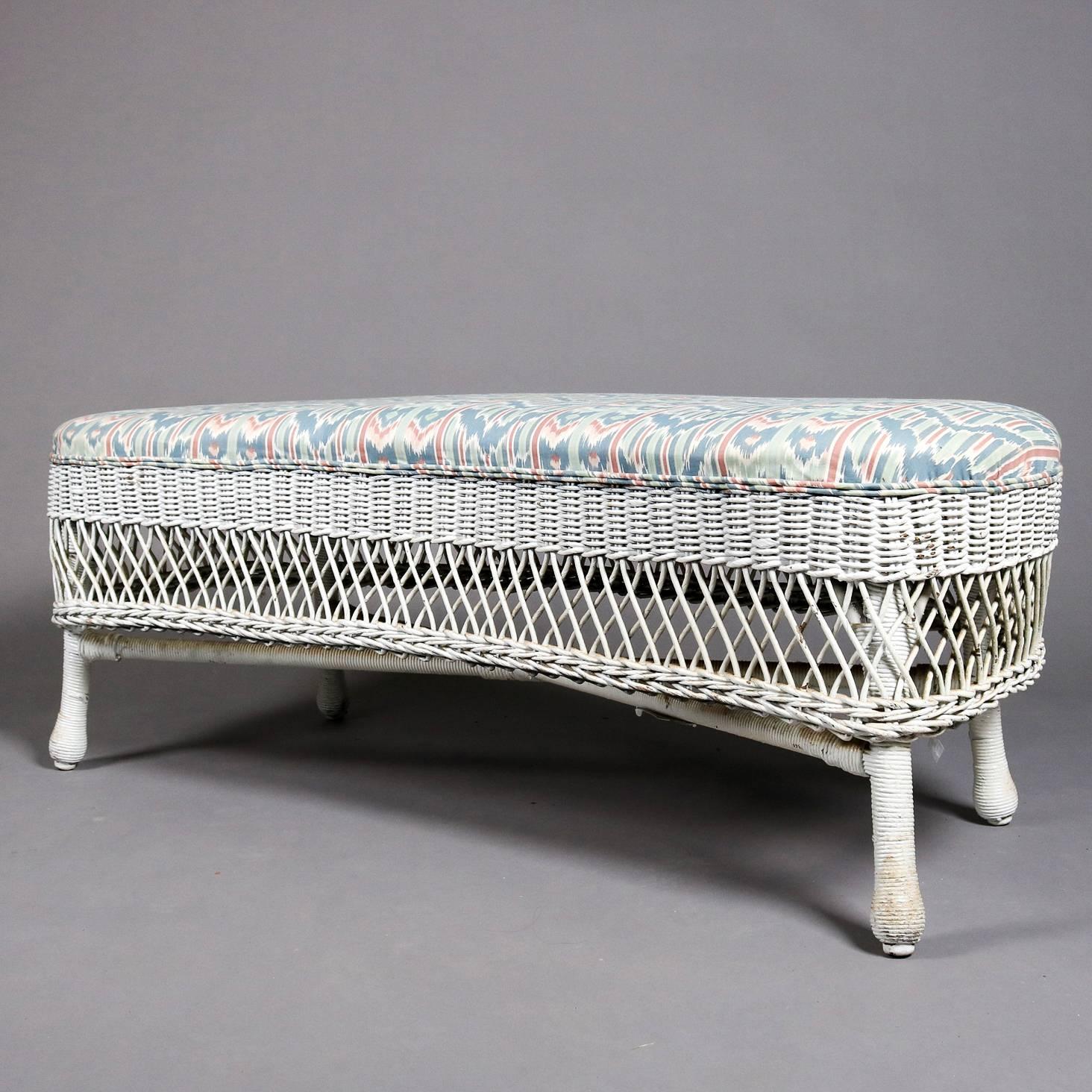 20th Century Pair of Heywood Wakefield School Wicker Kidney Shaped Upholstered Benches