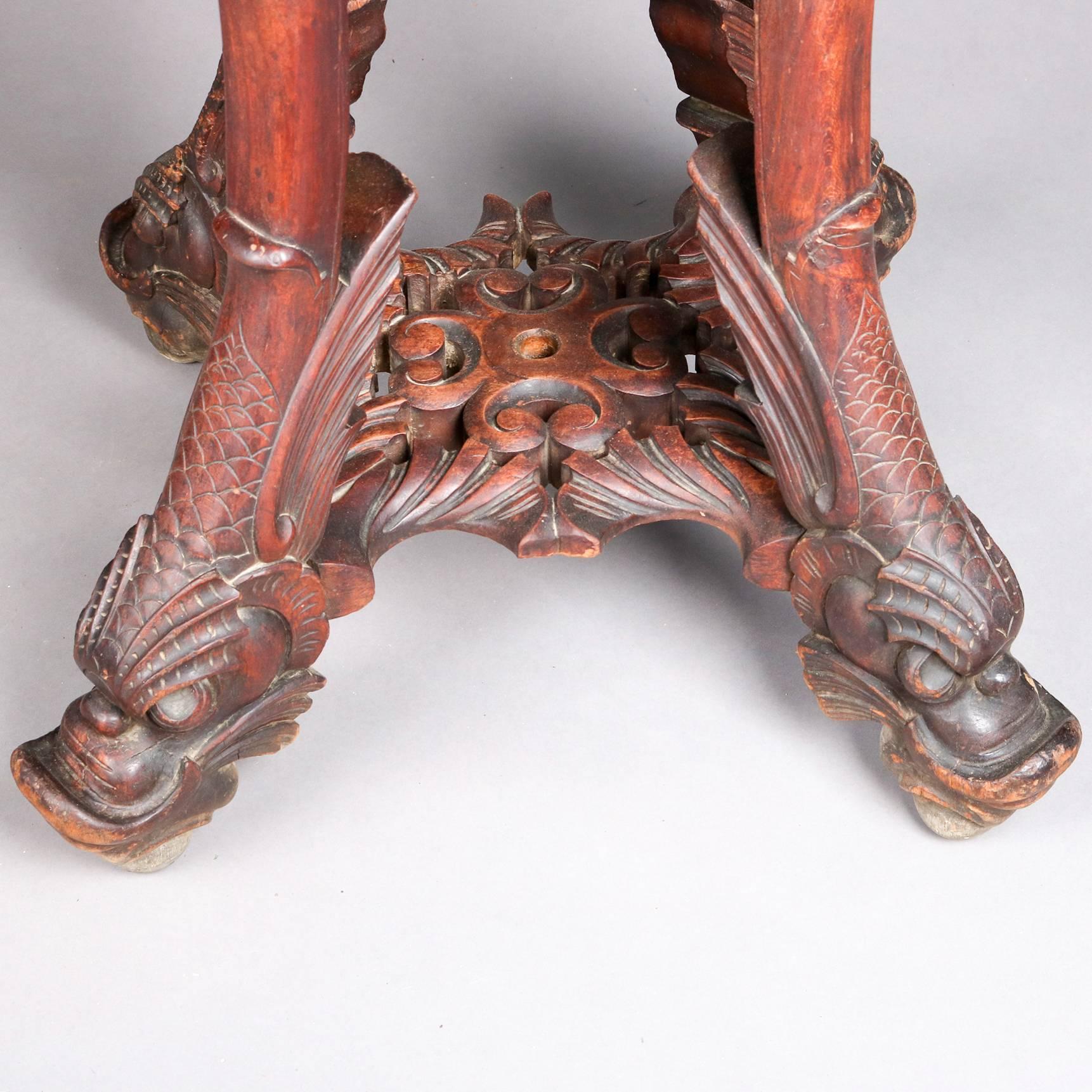 Wood Antique Japanese Meiji Carved and Incised Figural Dragon Side Stand