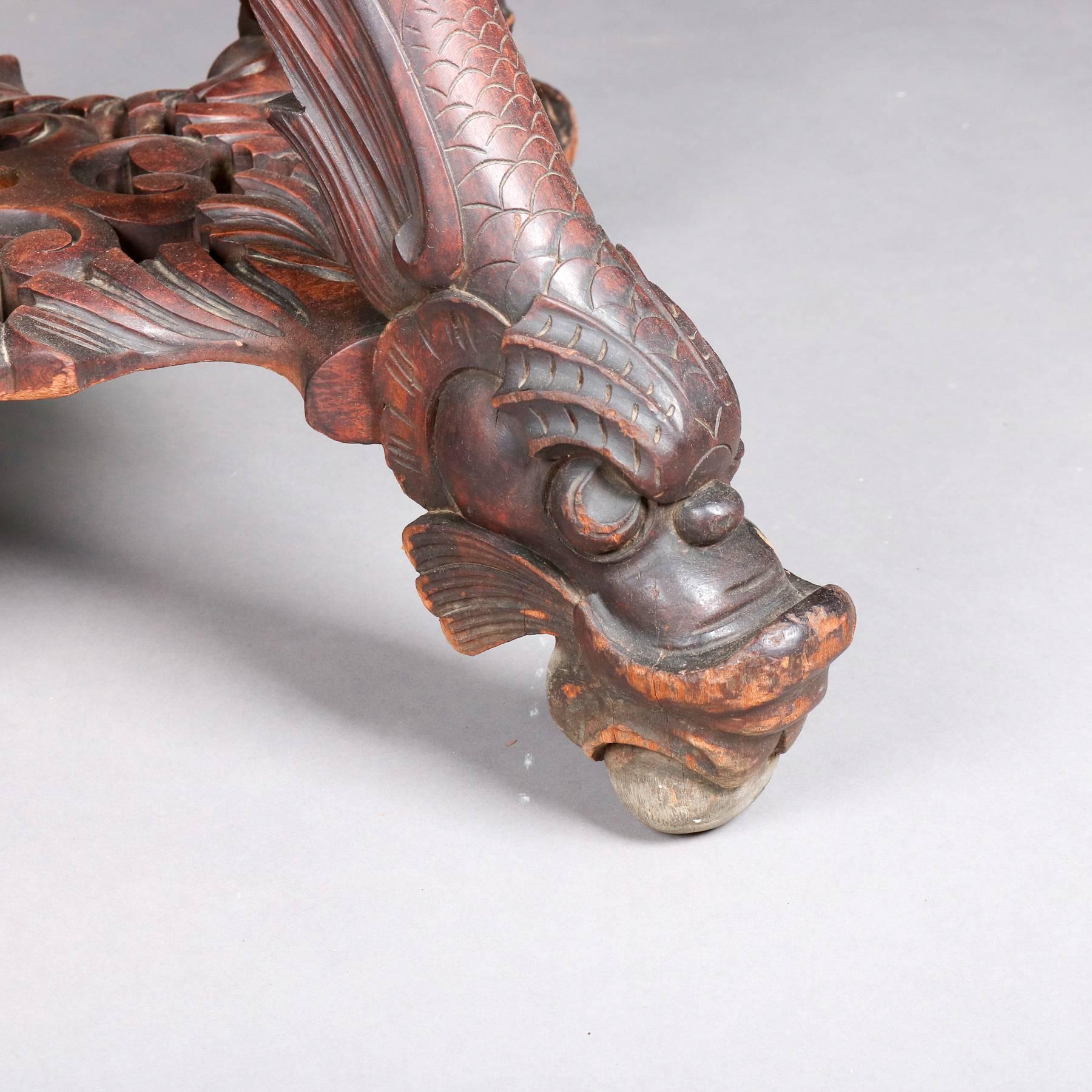Hand-Carved Antique Japanese Meiji Carved and Incised Figural Dragon Side Stand