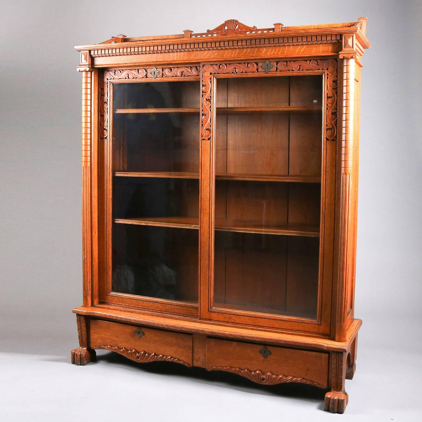 Antique Horner School Carved Oak Bookcase with Gallery, Acanthus and Paw Feet 1