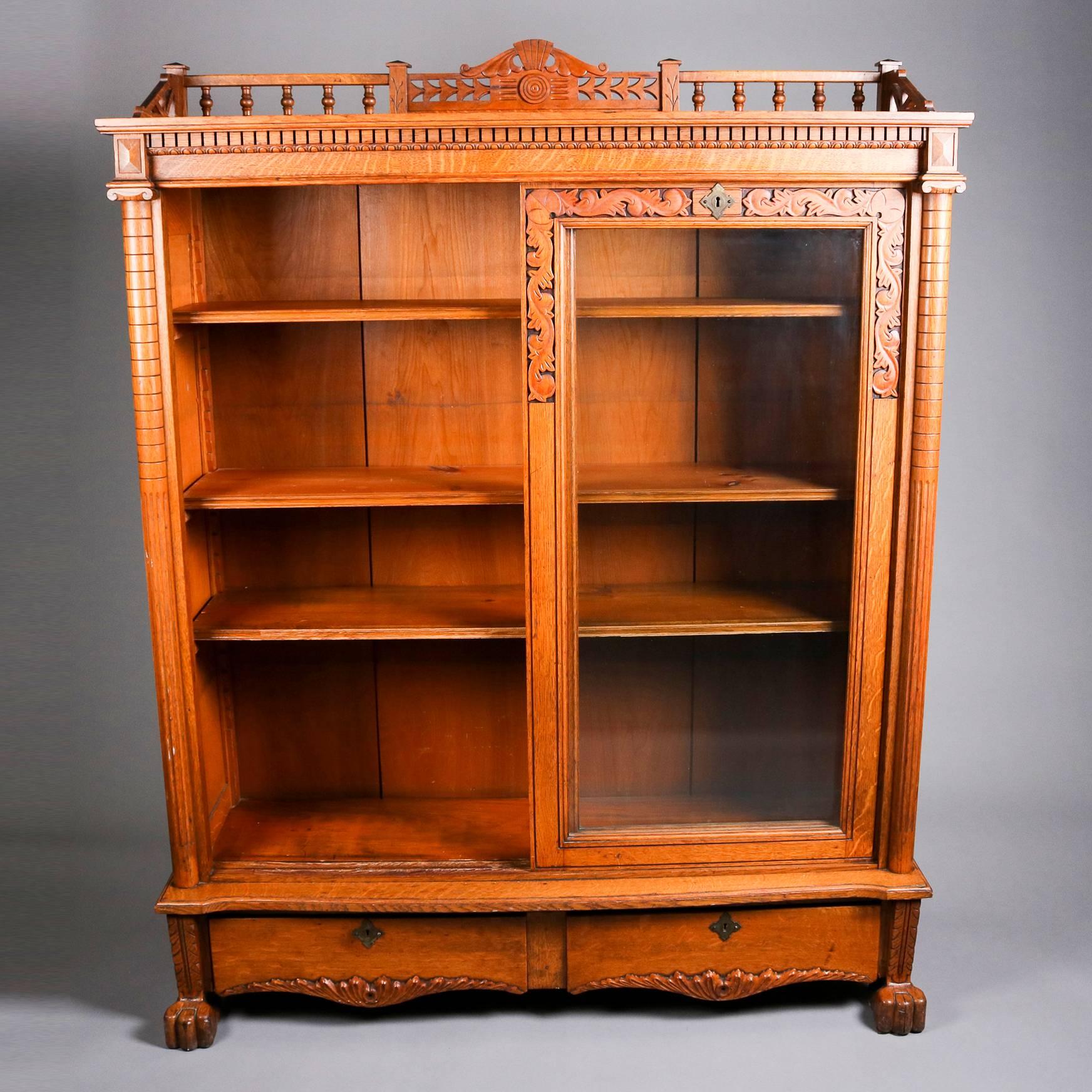20th Century Antique Horner School Carved Oak Bookcase with Gallery, Acanthus and Paw Feet
