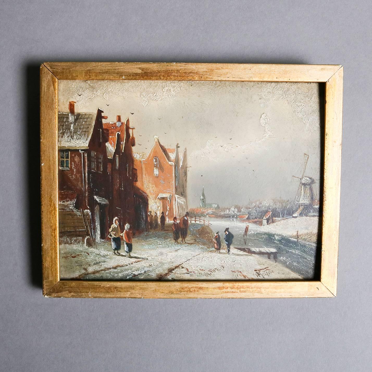 Antique miniature oil on board painting depicts winter in a Dutch village with river, windmill, and street scene, signed bottom right Kevon Kiyon, 19th century

Measures - fr: 5.25" H x 6.75" W x .5" D, los: 4 3/8" x 5