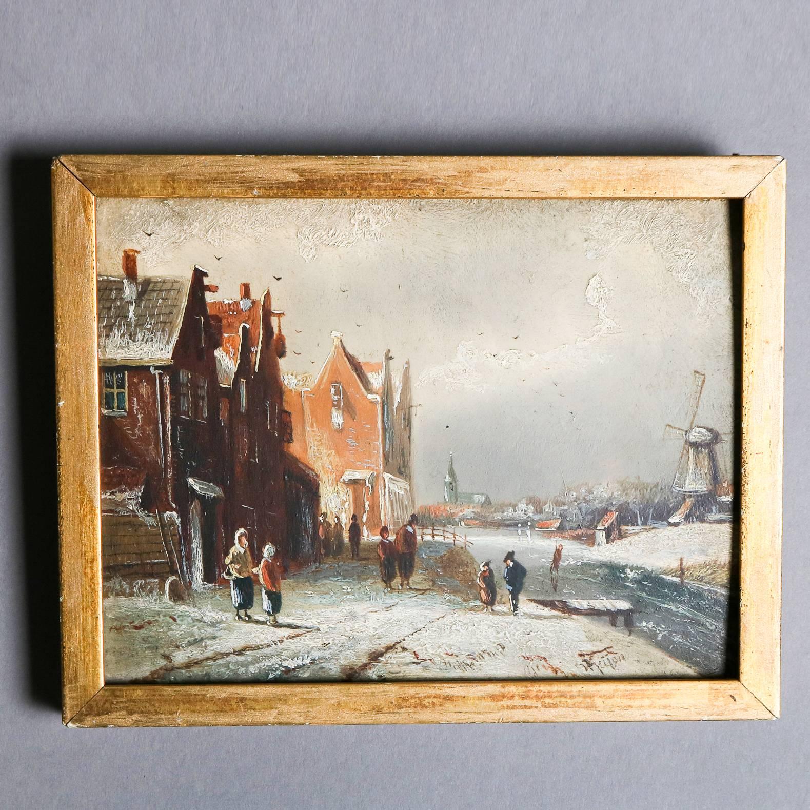 Antique Miniature Dutch Oil on Board Village Winter Scene, Signed Kiyon 2