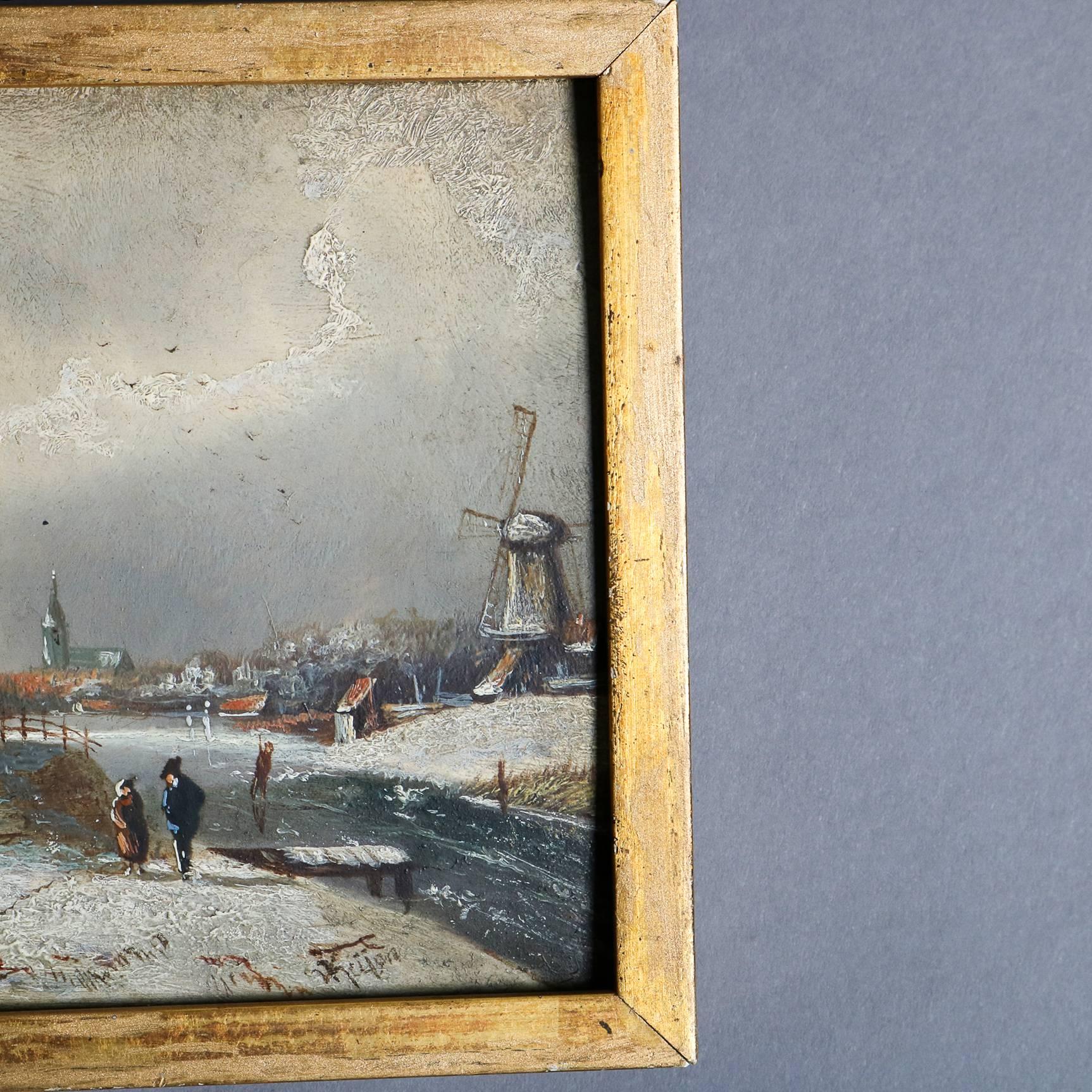 Antique Miniature Dutch Oil on Board Village Winter Scene, Signed Kiyon 3