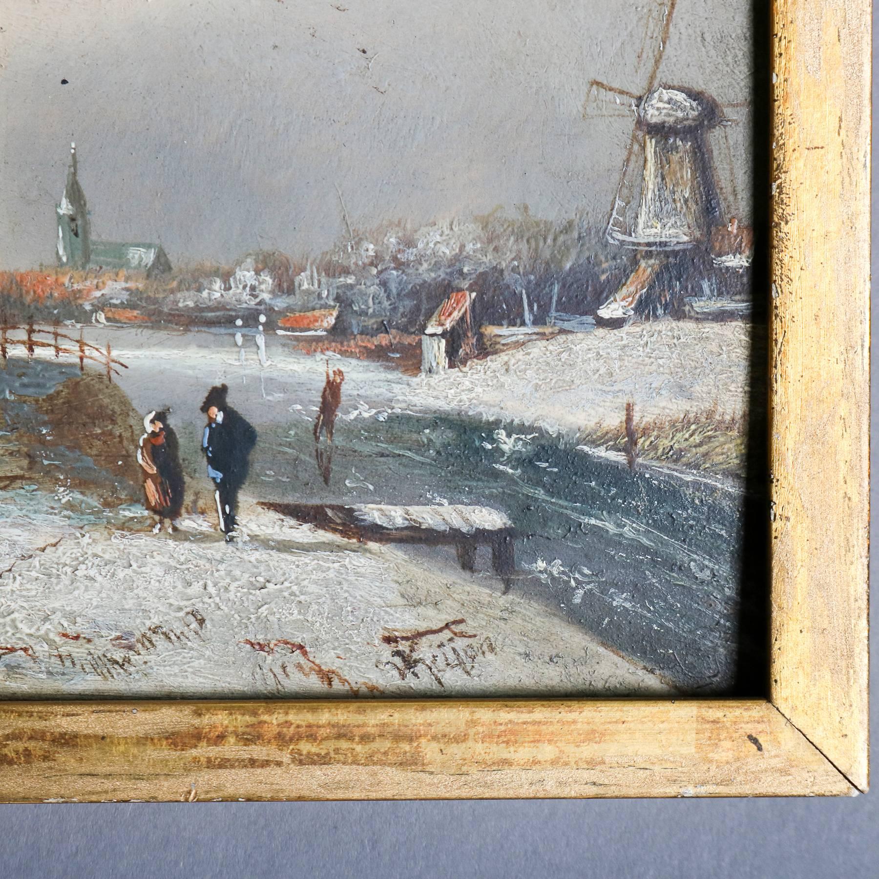 19th Century Antique Miniature Dutch Oil on Board Village Winter Scene, Signed Kiyon