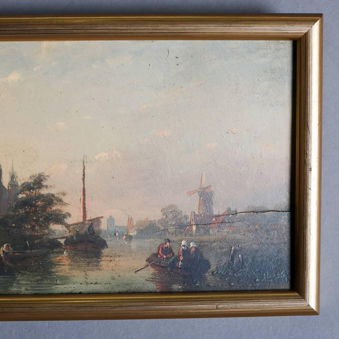 Antique miniature oil on board depicts Dutch harbor scene with sailing ships, recreational boaters and cityscape in the background, unsigned, 19th century

Measures - fr: 5" H x 8" W x .5" D, los: 4.25" H x 7.25" W.