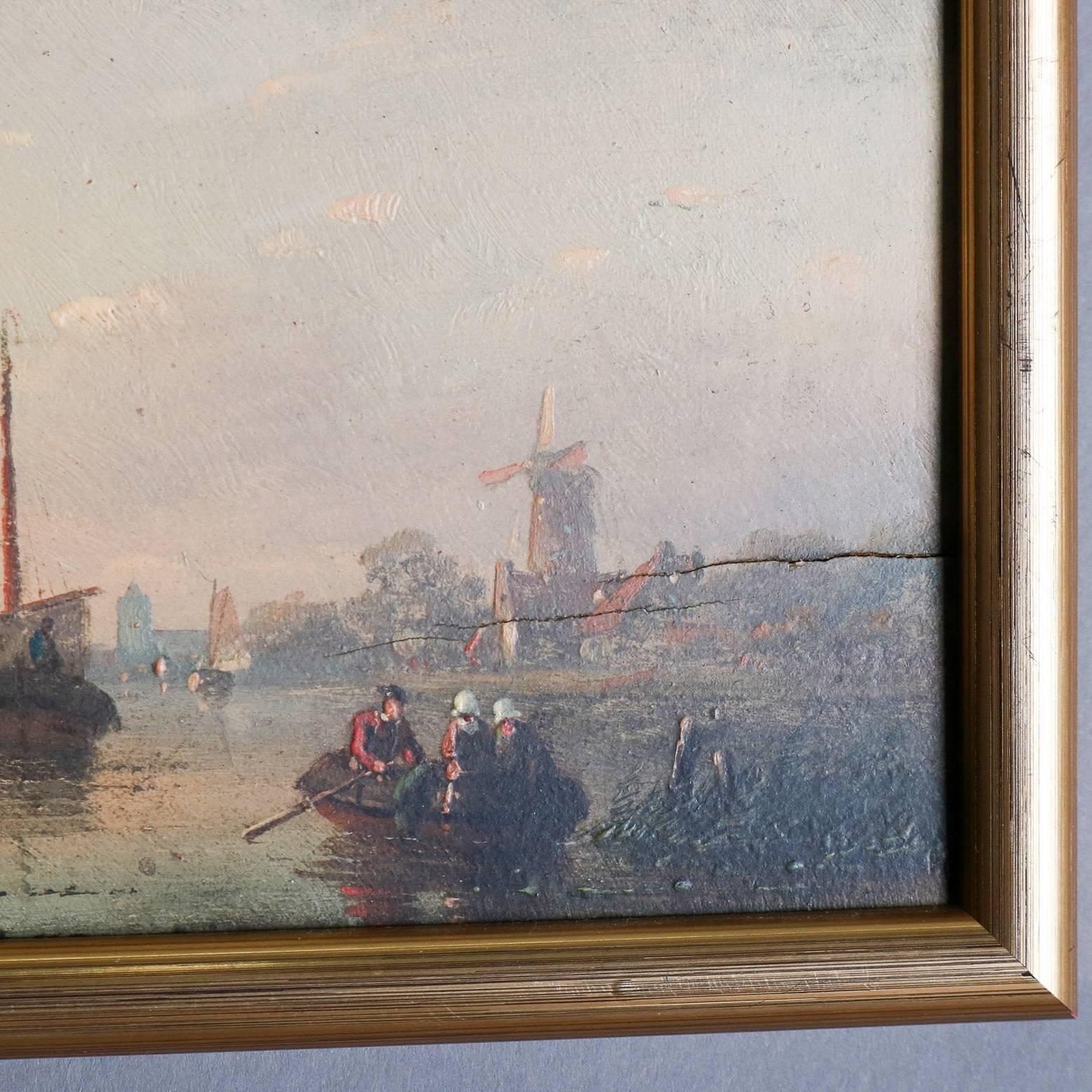 19th Century Antique Miniature Dutch Oil on Board Harbor Scene with Ships and Town