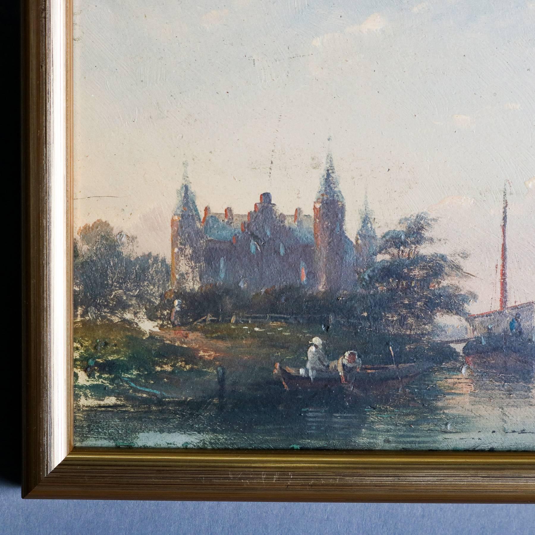 Antique Miniature Dutch Oil on Board Harbor Scene with Ships and Town 2