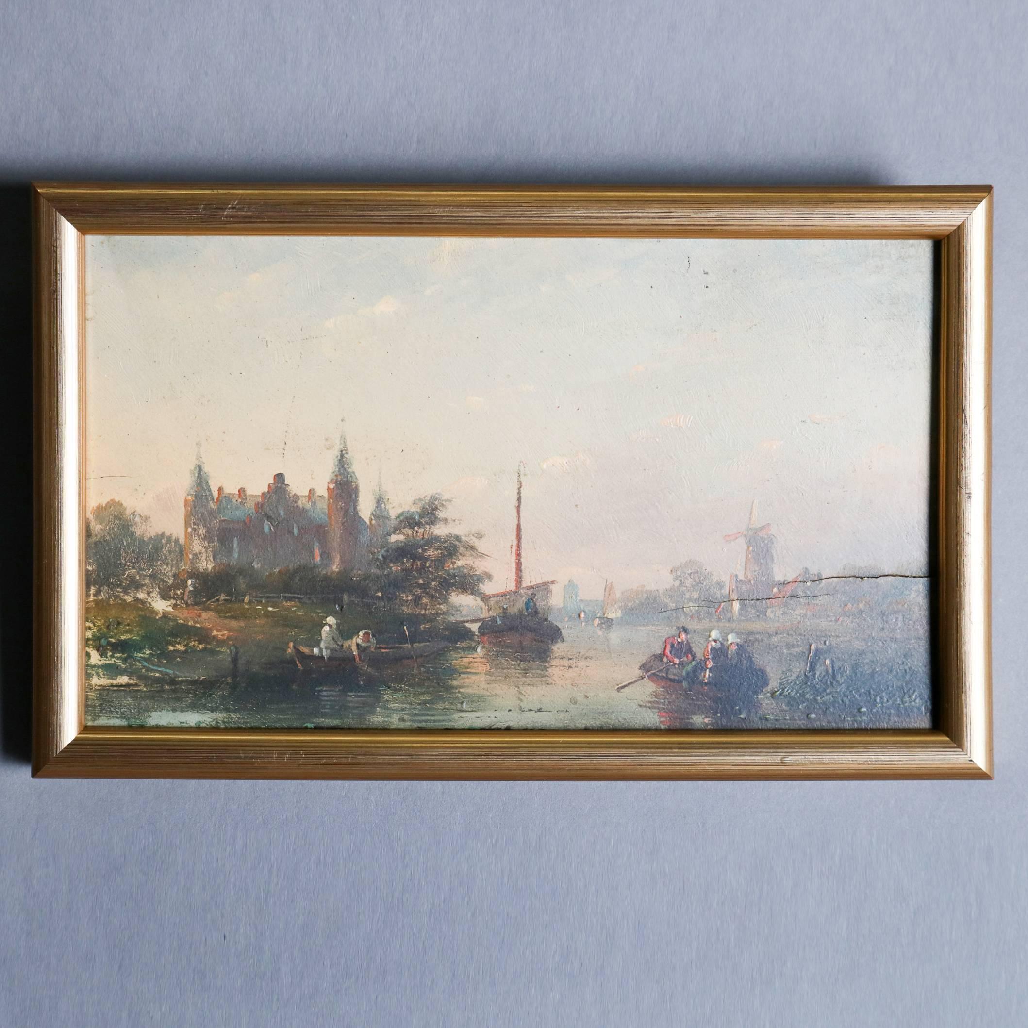 Antique Miniature Dutch Oil on Board Harbor Scene with Ships and Town In Good Condition In Big Flats, NY