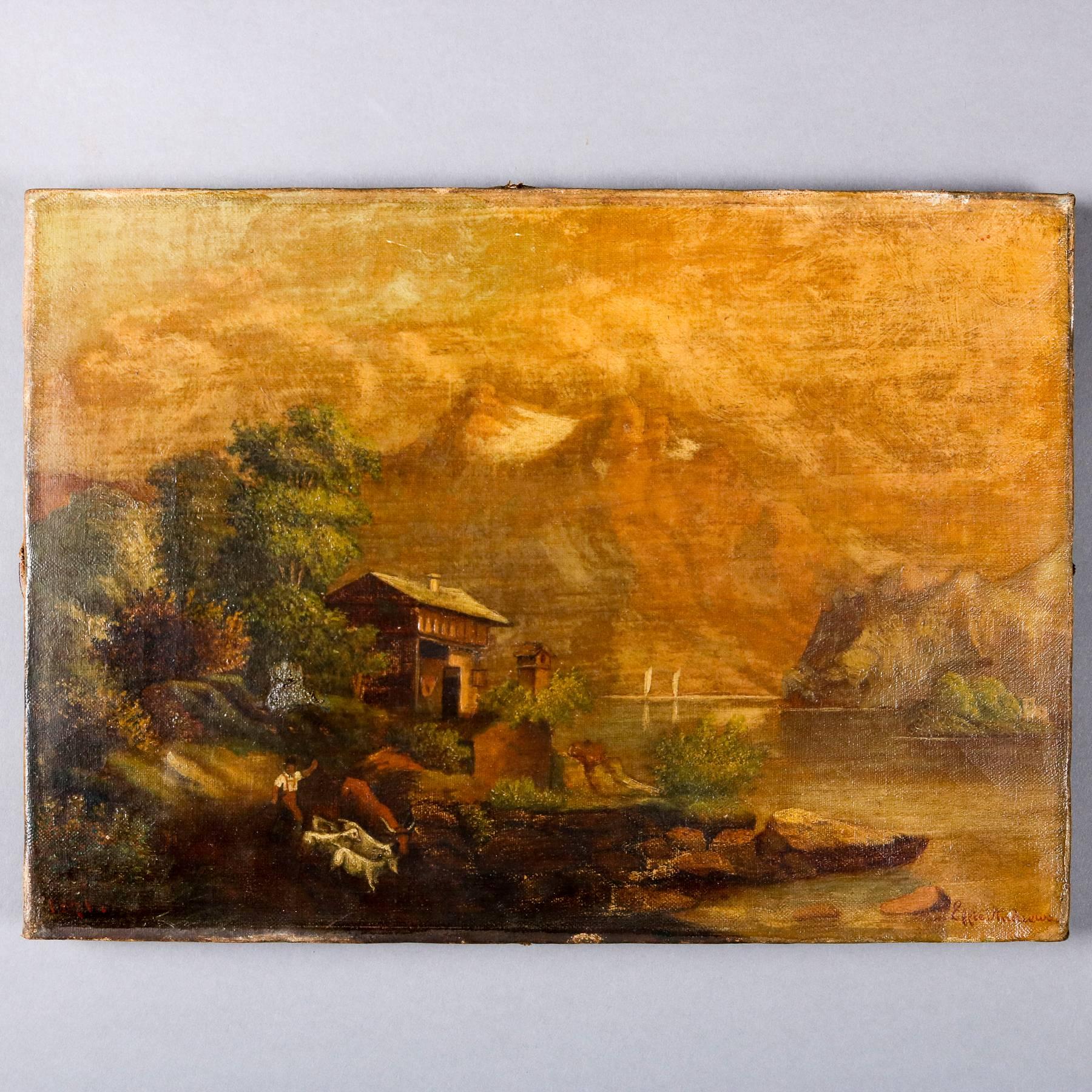 European Antique Oil on Canvas Landscape Painting of Mountain Lake House by Effie Andrews