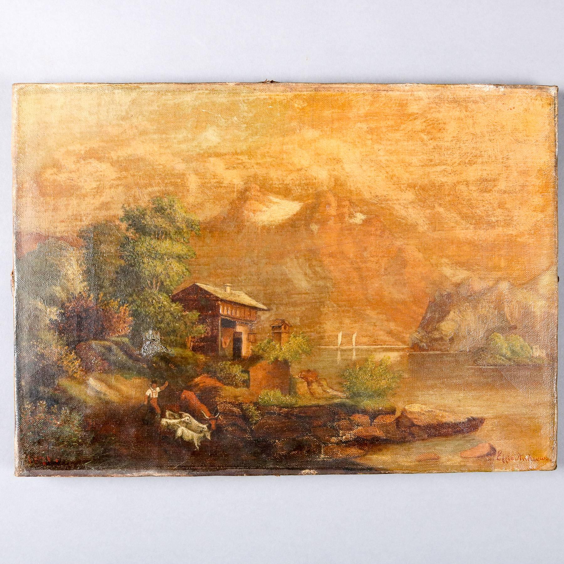 Antique oil on canvas landscape painting by Effie Andres depicts snow capped mountain scene with lake farm house and cattle, signed lower left, 19th century

Measures - 10