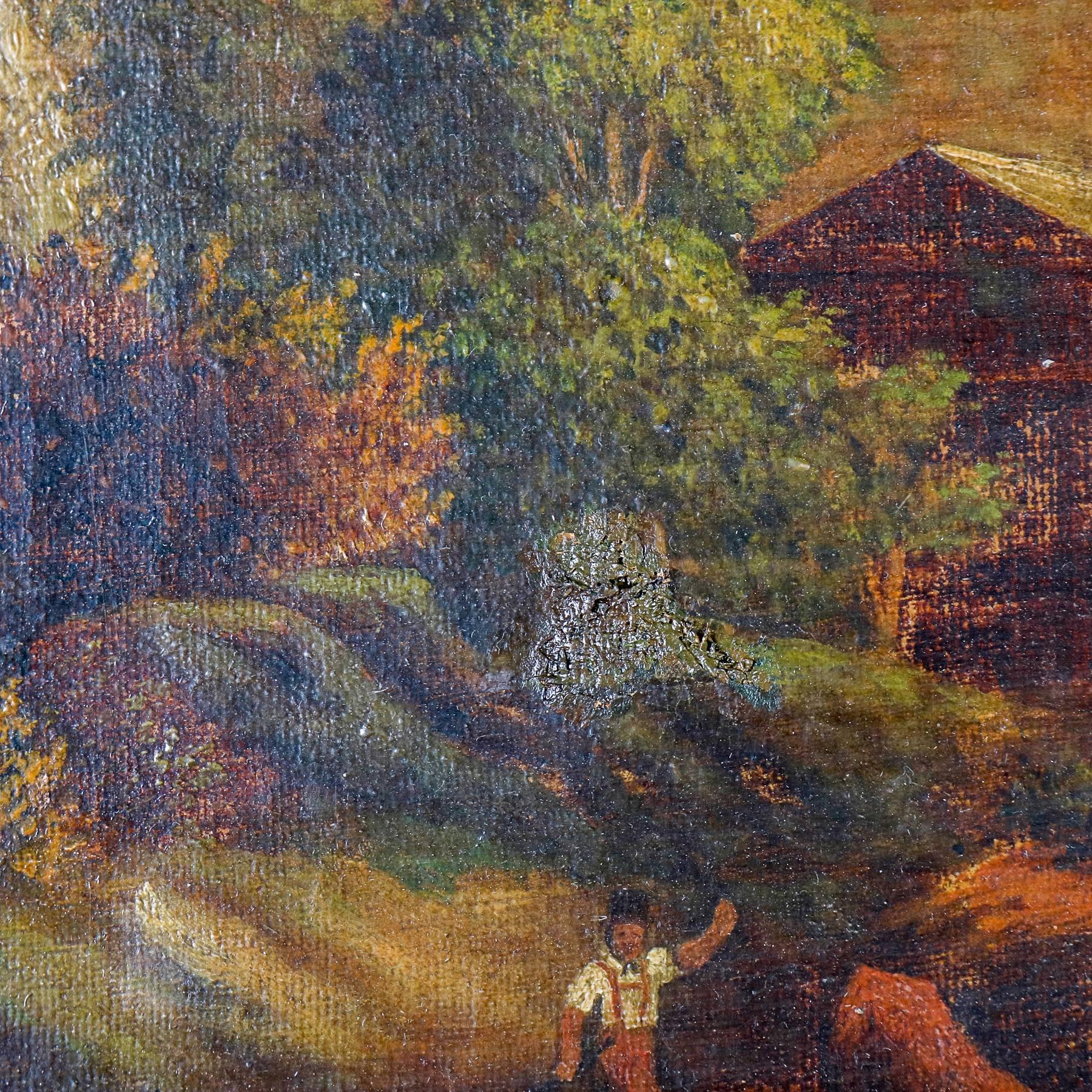 Antique Oil on Canvas Landscape Painting of Mountain Lake House by Effie Andrews 1