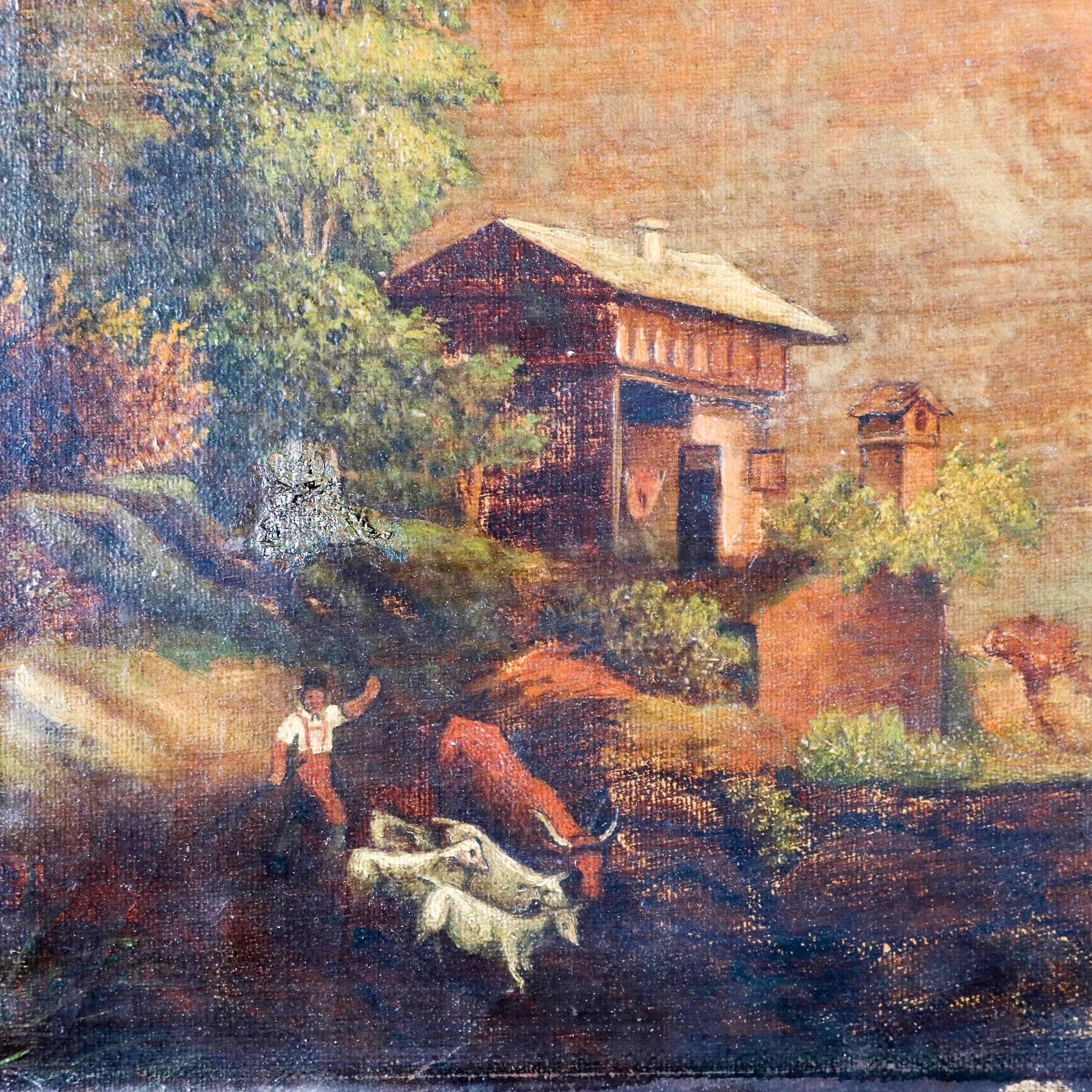 Hand-Painted Antique Oil on Canvas Landscape Painting of Mountain Lake House by Effie Andrews