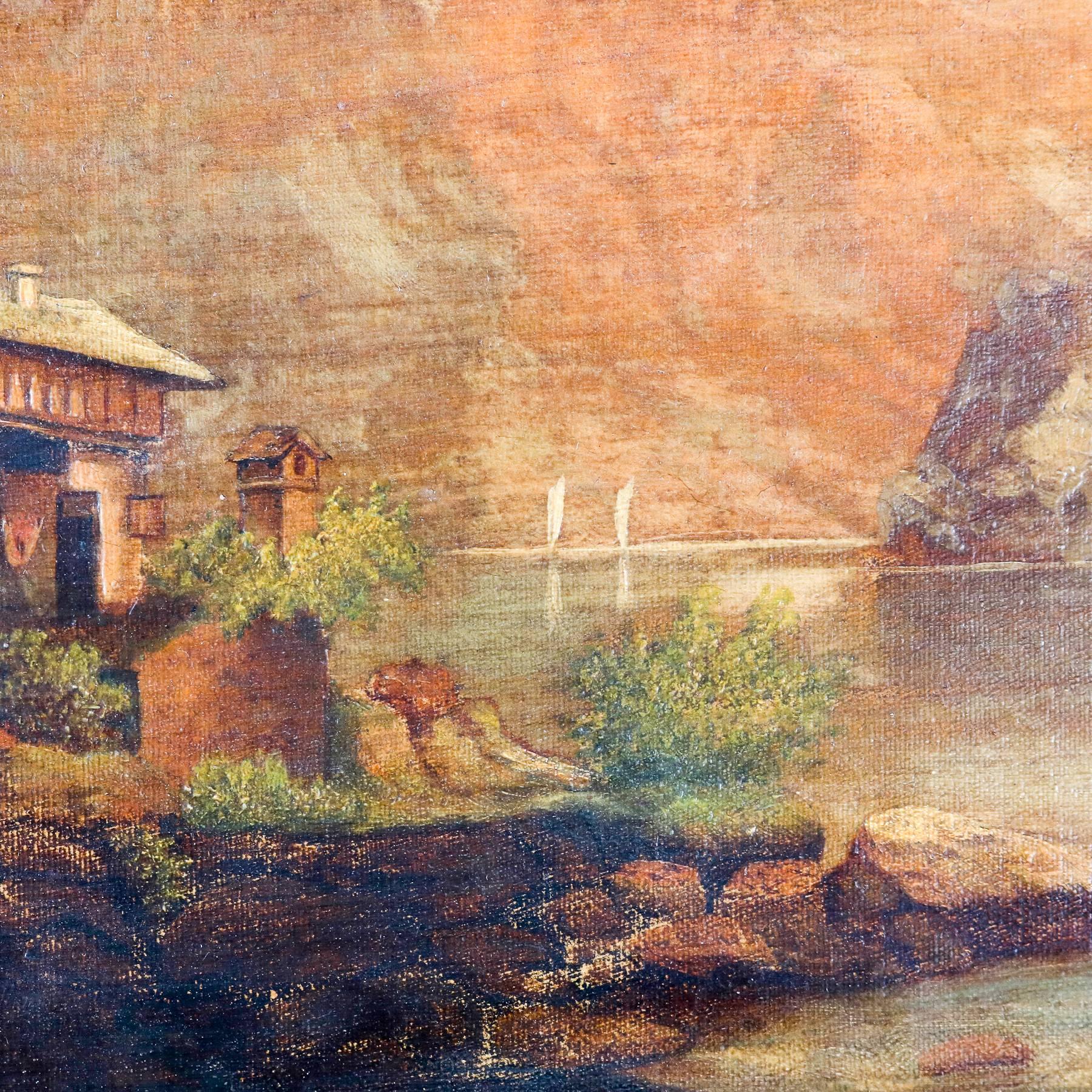 Antique Oil on Canvas Landscape Painting of Mountain Lake House by Effie Andrews In Good Condition In Big Flats, NY