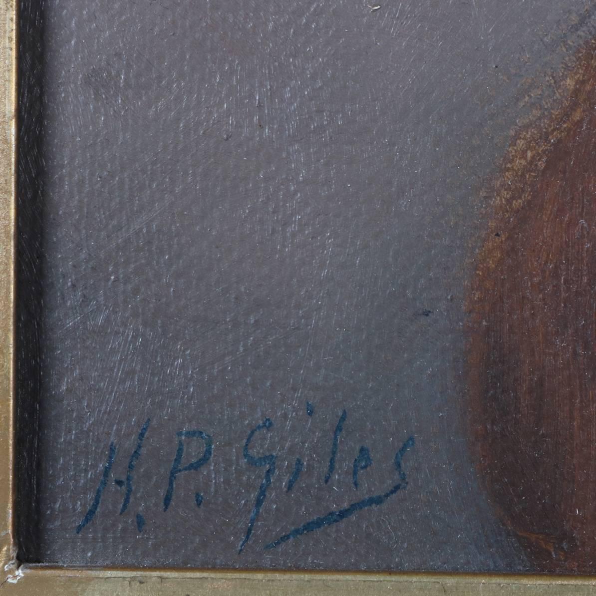 Hand-Painted Antique Oil on Board Portrait Painting of Maiden Signed H.P. Giles, 19th Century