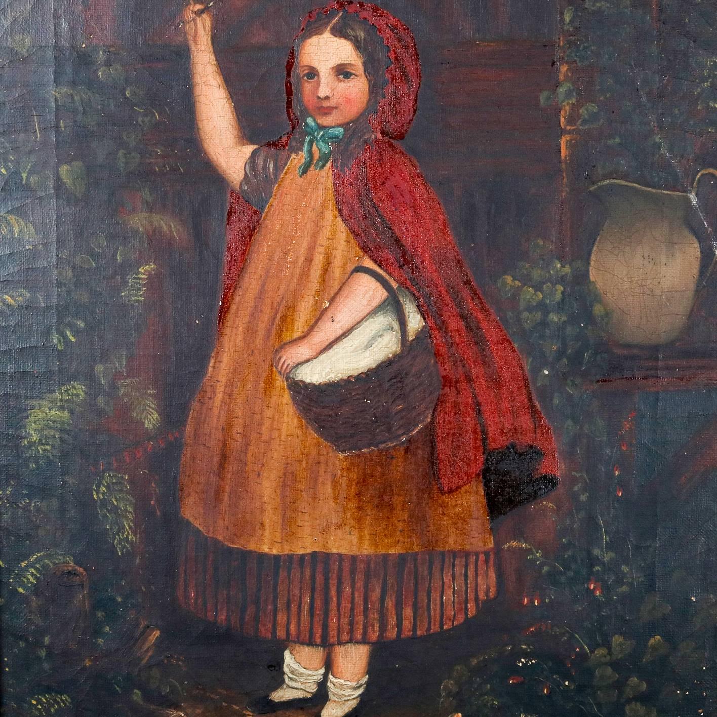 Antique Oil on Canvas Folk Art Portrait Painting of Young Girl in Red Cape 3