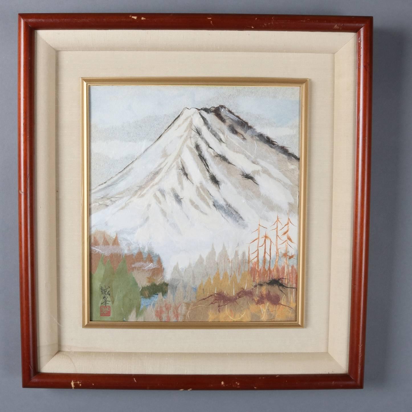 Mid-Century Modern Japanese Chigirie Work of Mt. Fuji by Master Seino Kozaki, 20th Century