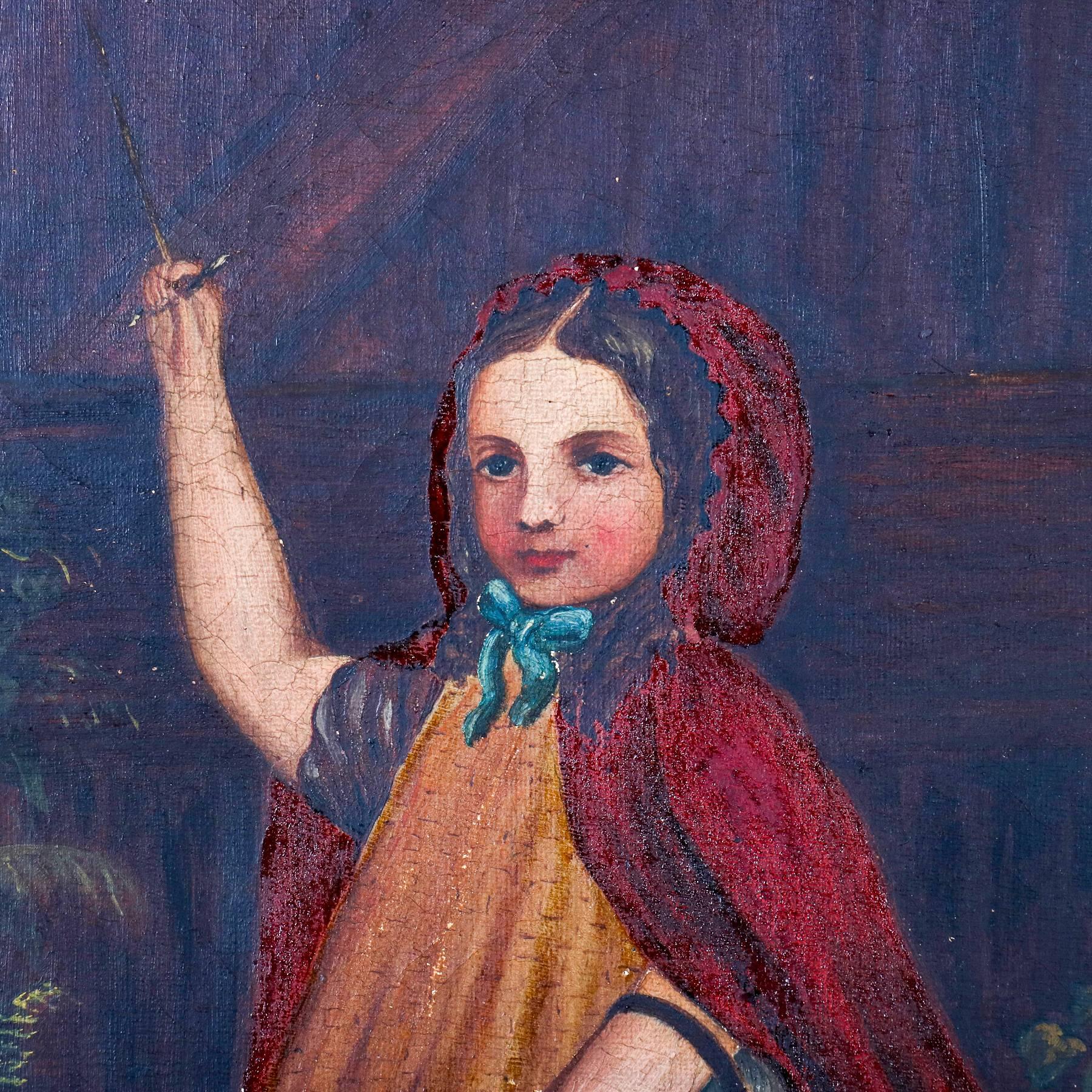 German Antique Oil on Canvas Folk Art Portrait Painting of Young Girl in Red Cape