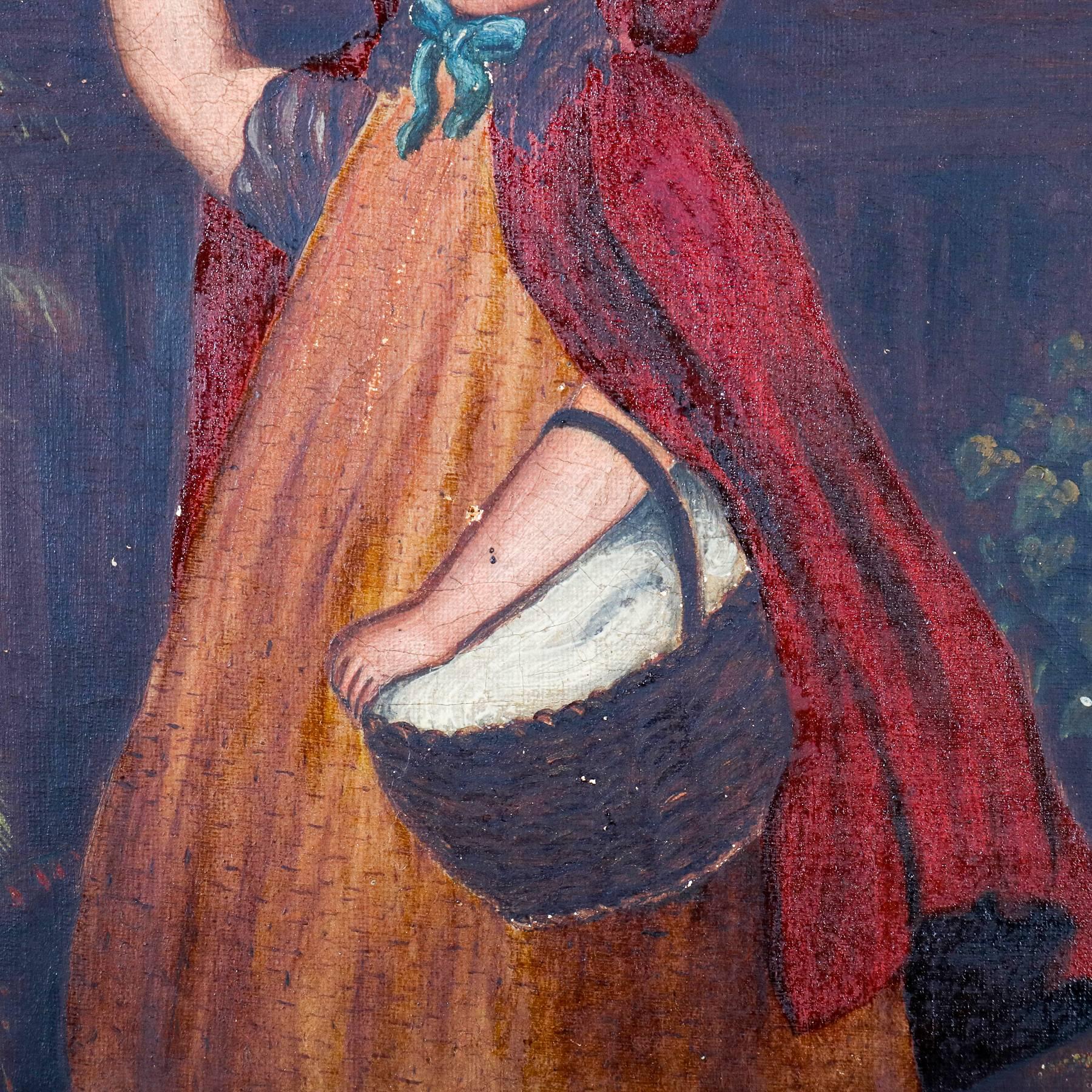 Hand-Painted Antique Oil on Canvas Folk Art Portrait Painting of Young Girl in Red Cape