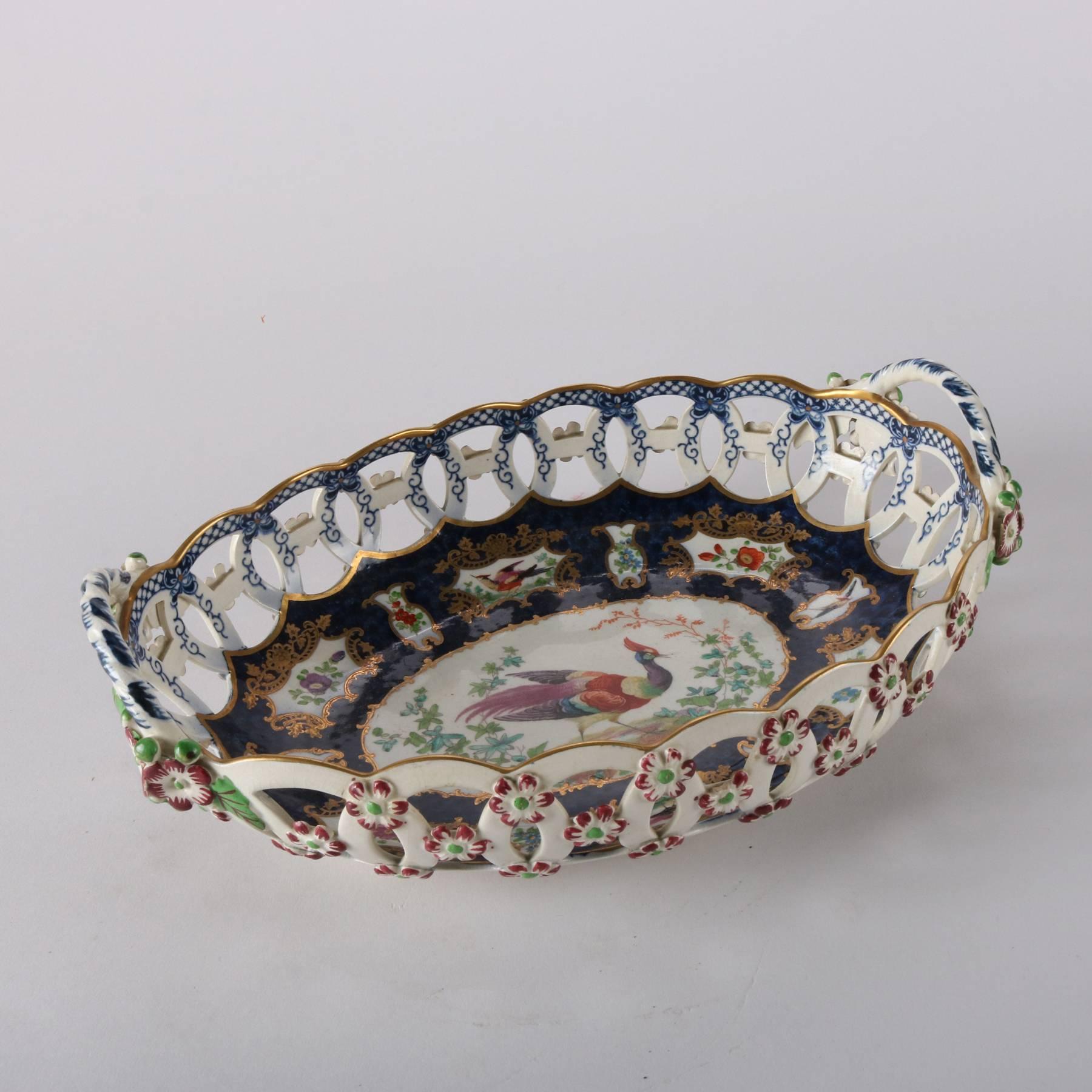 Gilt English Booths Hand-Painted Porcelain Reticulated Bread Bowl, 19th Century