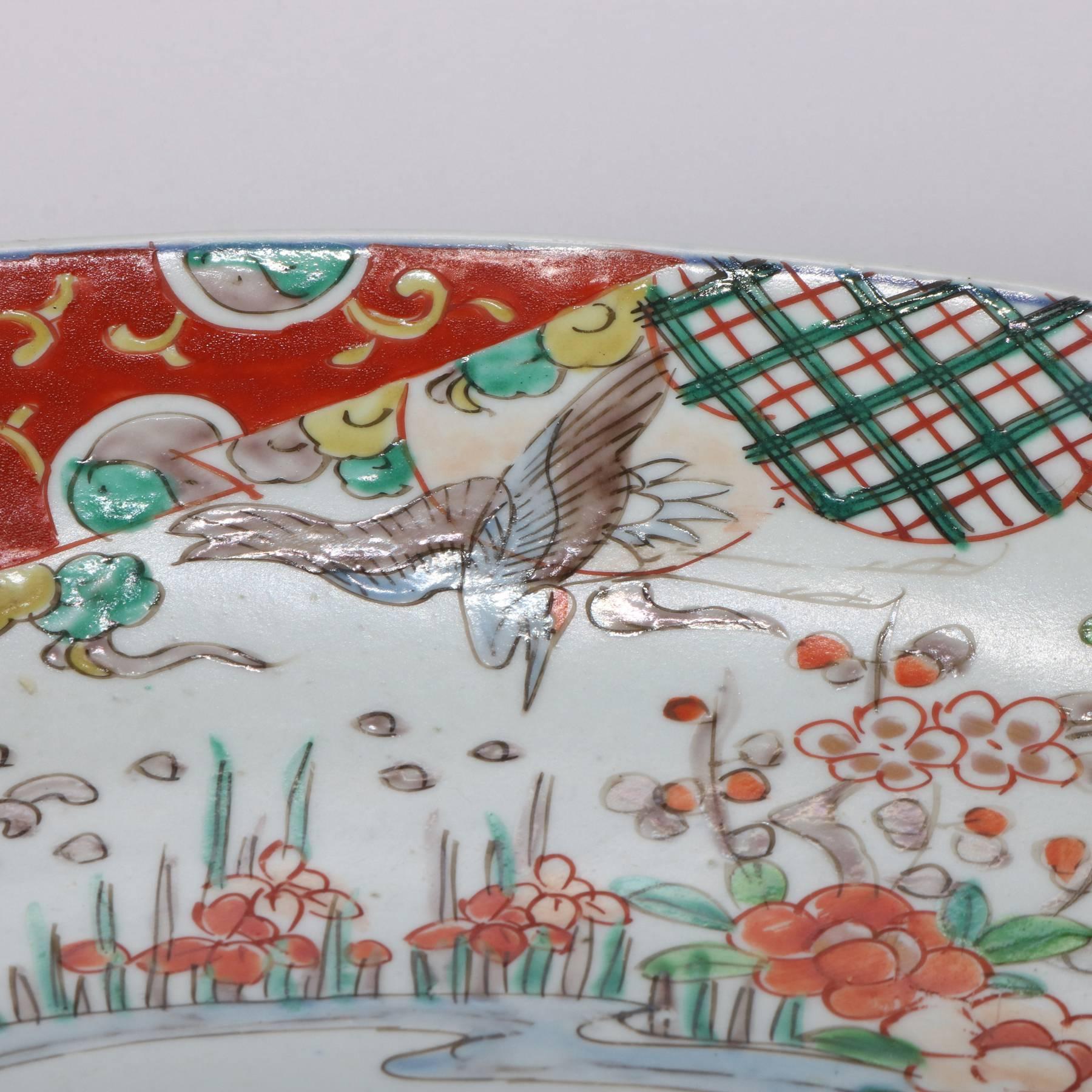 Enameled Antique Japanese Imari Porcelain Charger, Floral and Herons, 19th Century