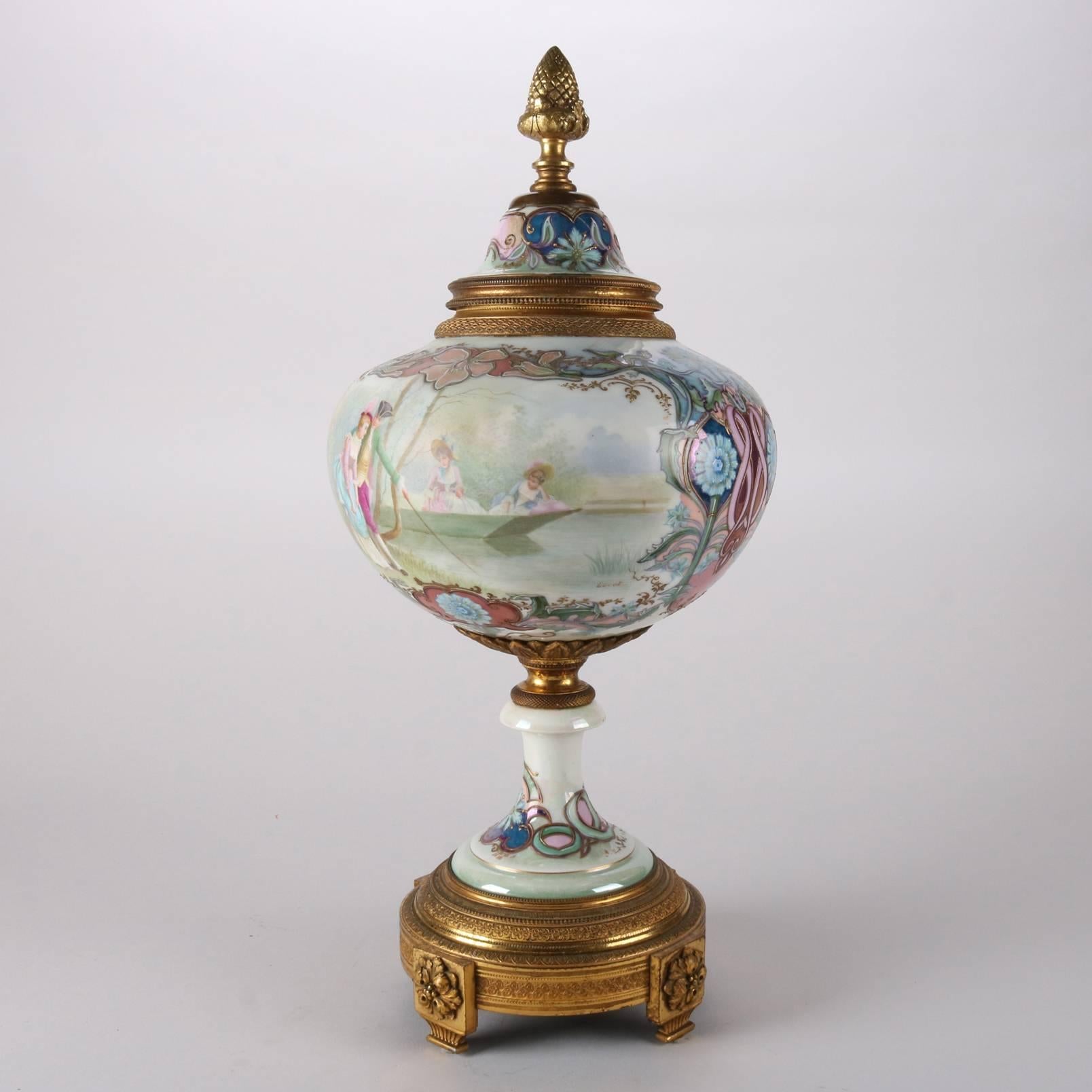 Antique French Sevres Hand-Painted Porcelain Urn with Bronze, Signed Lucot 1
