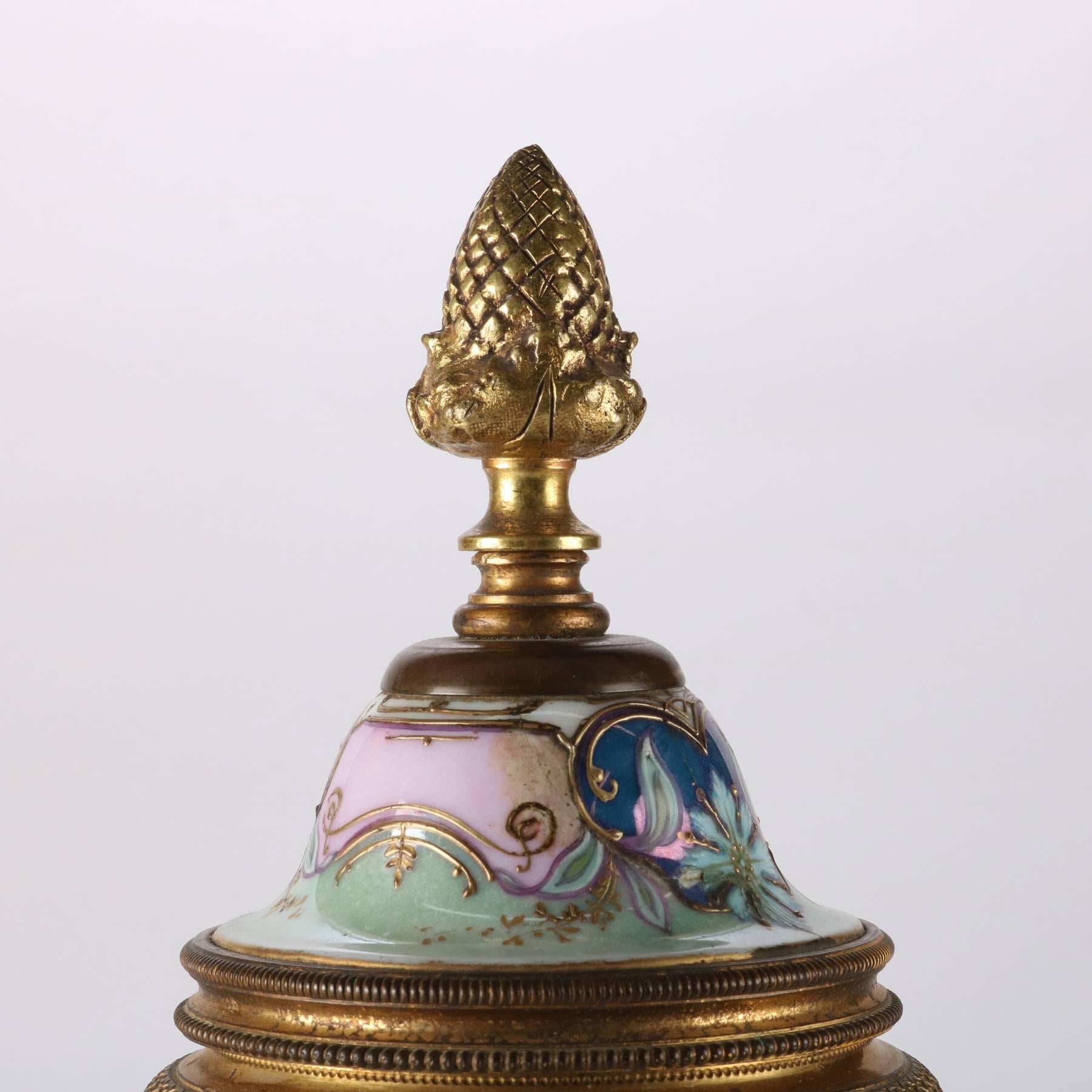 Cast Antique French Sevres Hand-Painted Porcelain Urn with Bronze, Signed Lucot