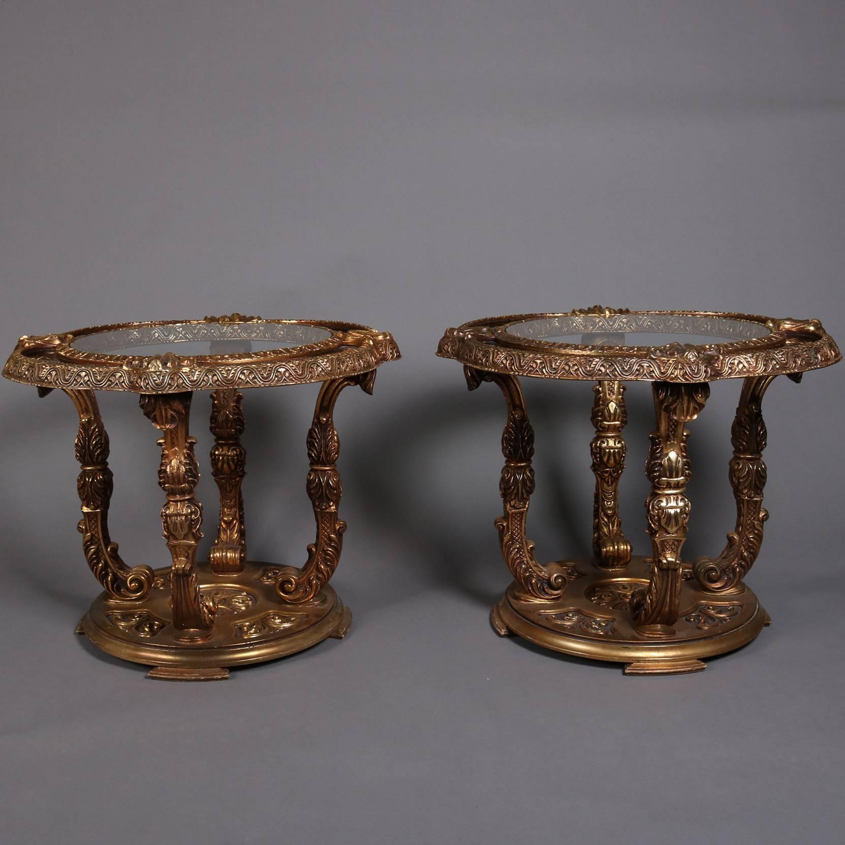 Pair of Italian Hollywood Regency Glass Top Gilt and Faux Marble End Tables 5