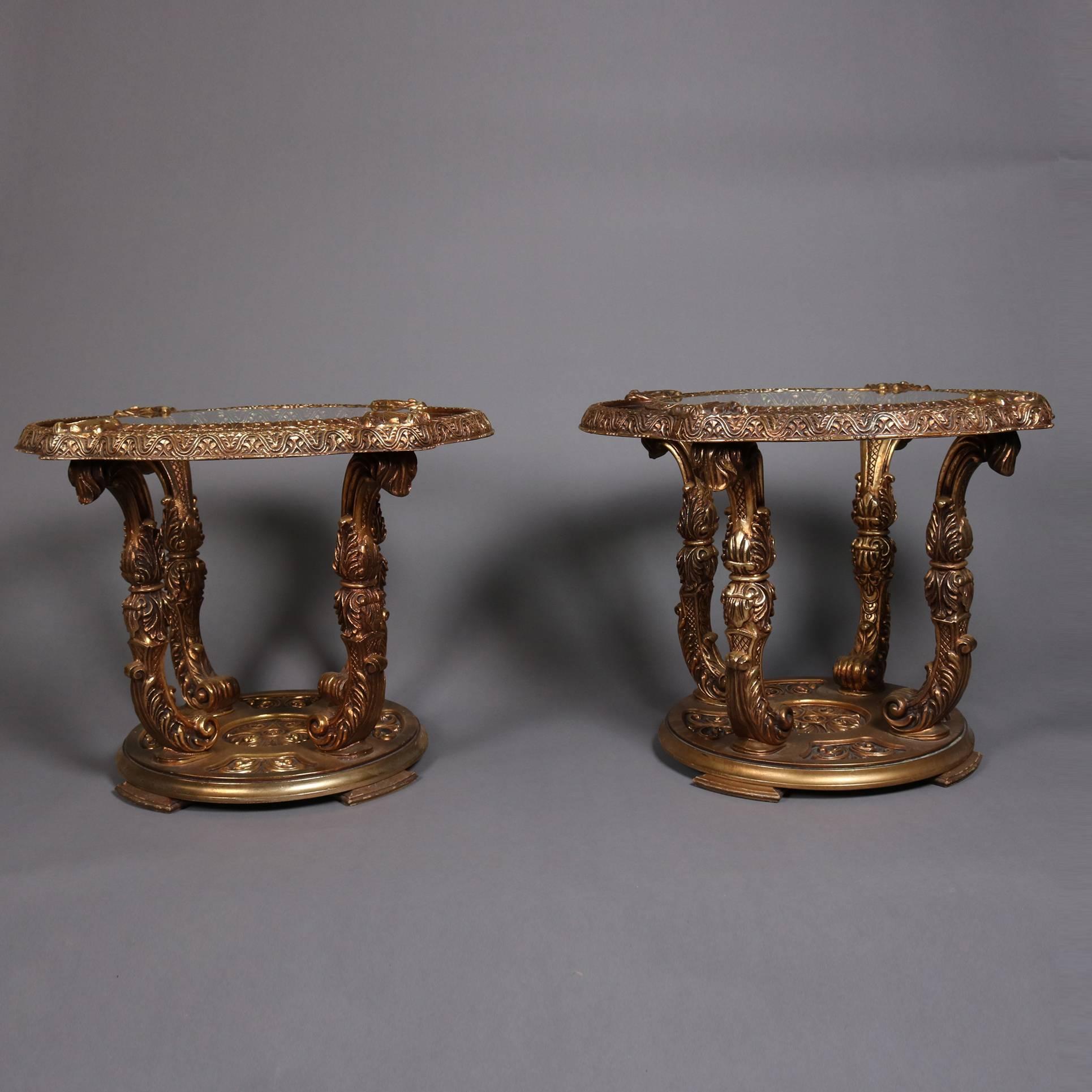 Pair of Italian Hollywood Regency side table feature gilt frame with faux marble surround and glass tops, 20th century


Measures: 22.5