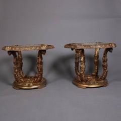 Pair of Italian Hollywood Regency Glass Top Gilt and Faux Marble End Tables