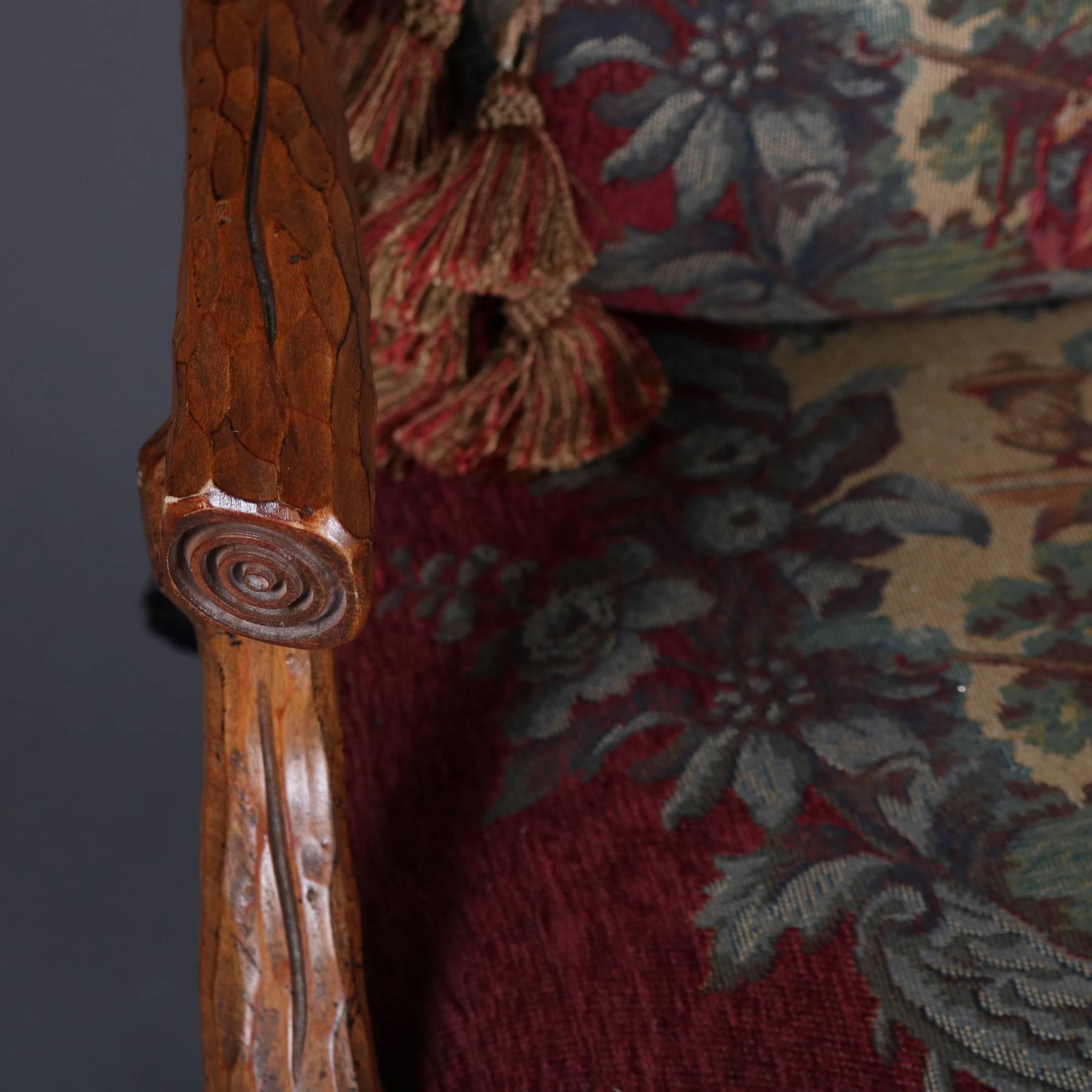 Pair of Antique Carved Walnut and Tapestry Stick Form Armchairs, 19th Century In Good Condition In Big Flats, NY