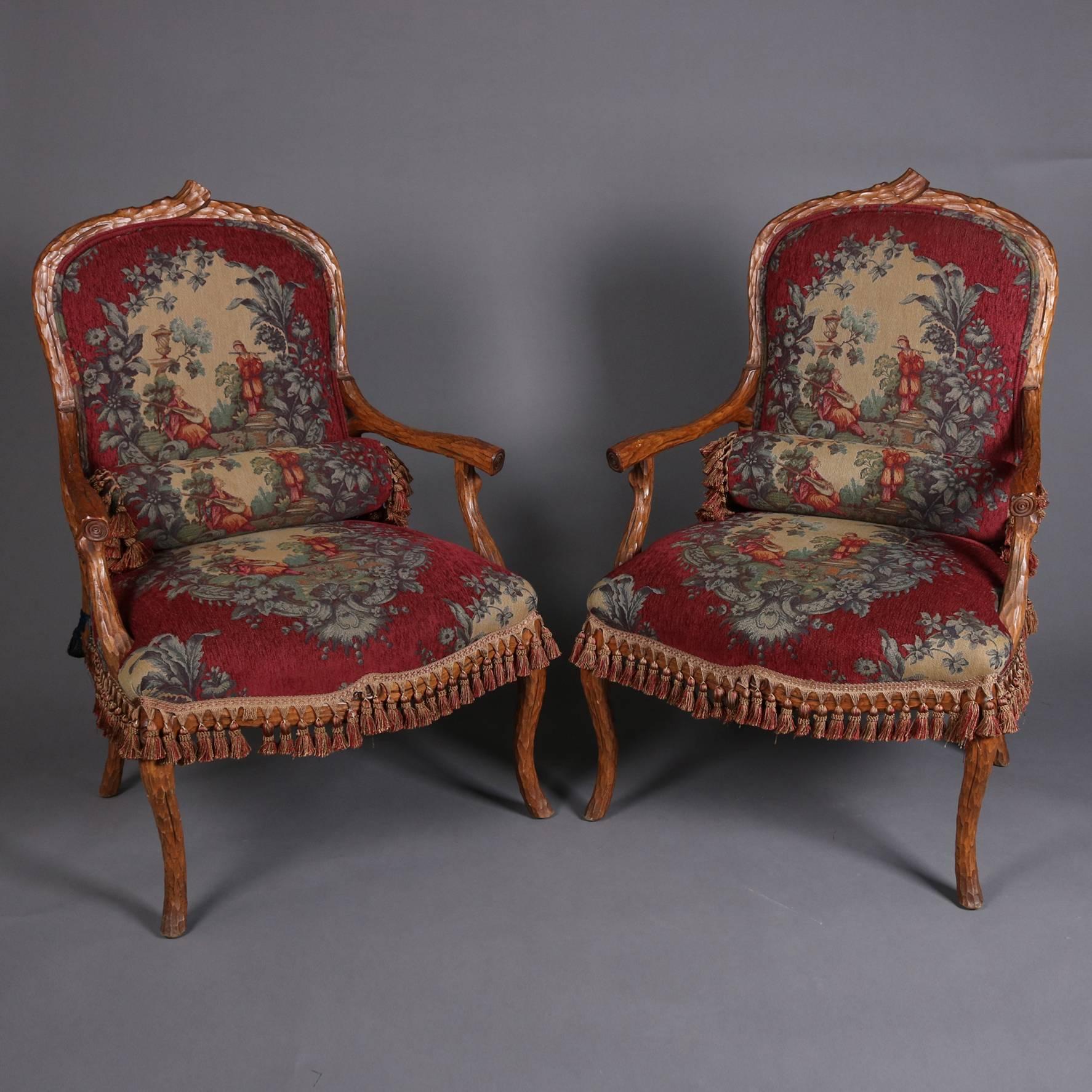 Pair of Antique Carved Walnut and Tapestry Stick Form Armchairs, 19th Century 2