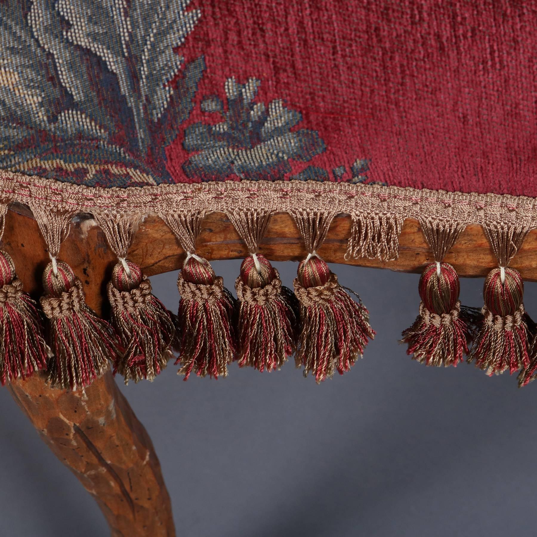 European Pair of Antique Carved Walnut and Tapestry Stick Form Armchairs, 19th Century