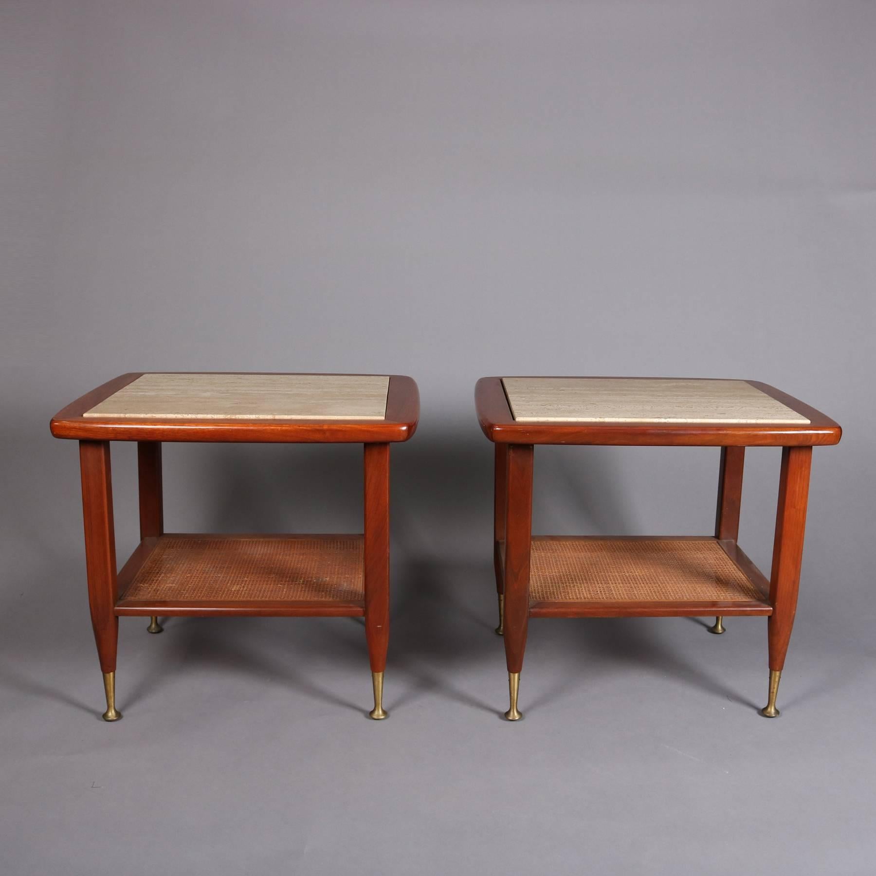 Pair of Mid-Century Modern end table Made in Italy feature teak construction with inset marble top and caned lower shelf, original labels, 20th century

Measures: 23