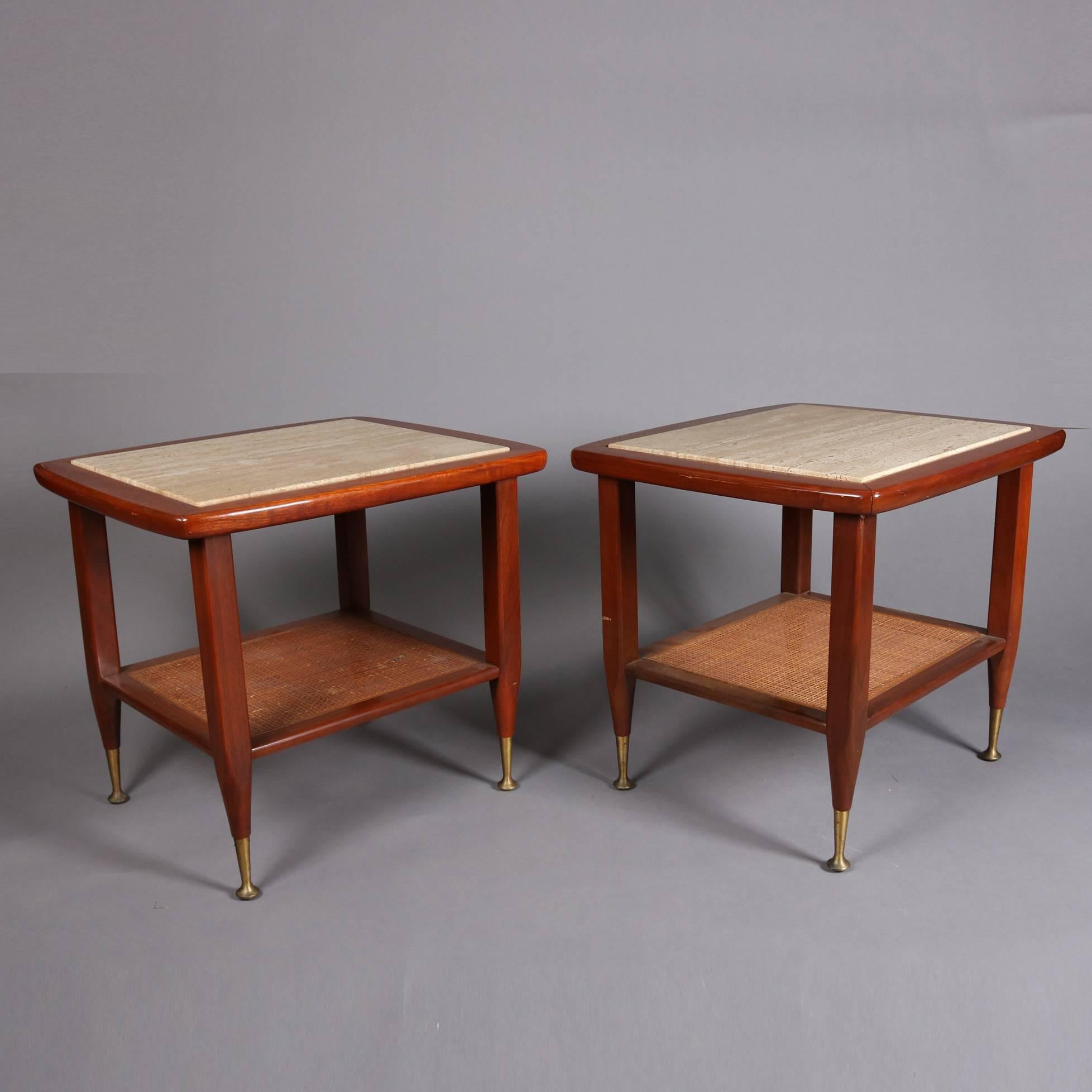 Pair of Italian Mid-Century Modern Teak, Marble & Caned End Stands, 20th Century 3