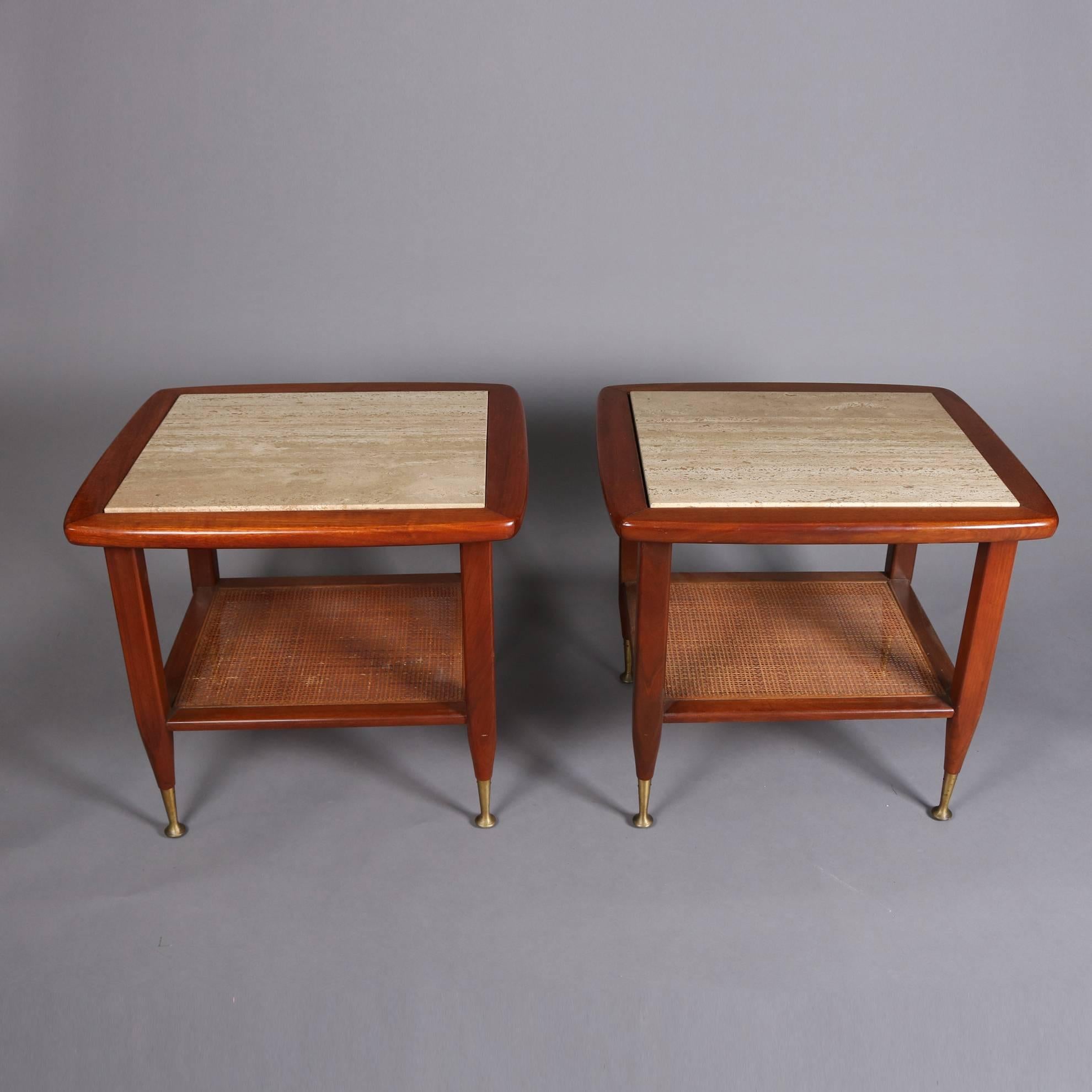 Pair of Italian Mid-Century Modern Teak, Marble & Caned End Stands, 20th Century In Good Condition In Big Flats, NY