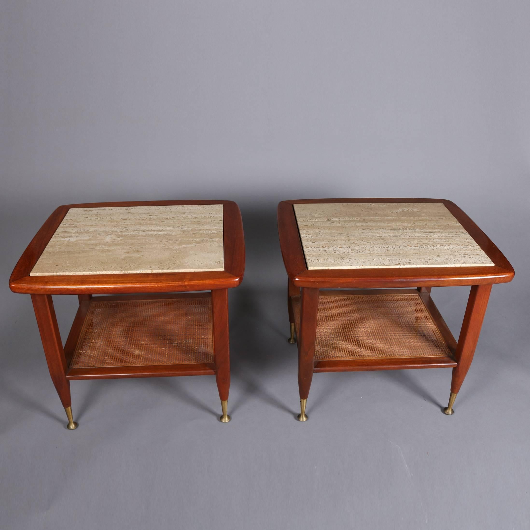 Pair of Italian Mid-Century Modern Teak, Marble & Caned End Stands, 20th Century 2