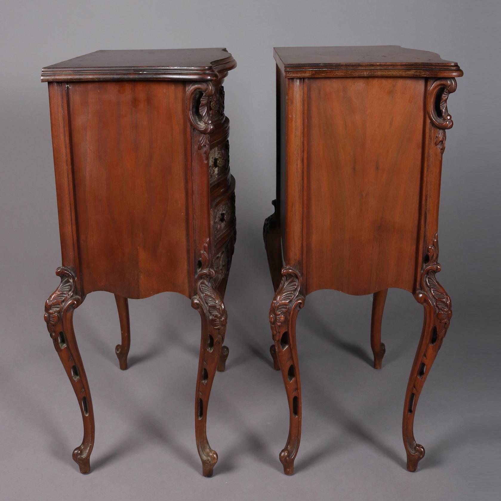 Pair of Antique French Foliate Carved Mahogany Three-Drawer Stands, 20th Century 4
