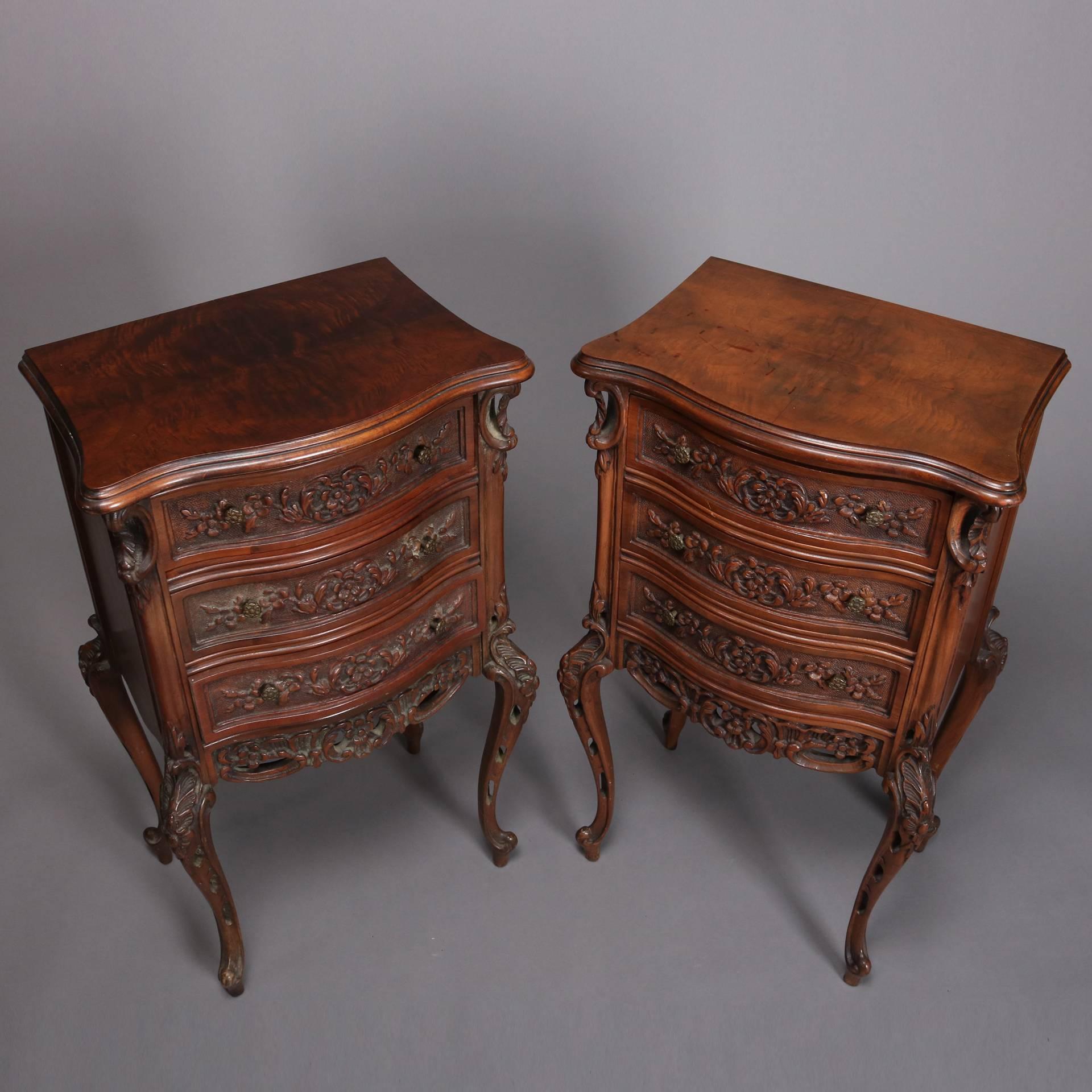 Pair of Antique French Foliate Carved Mahogany Three-Drawer Stands, 20th Century In Good Condition In Big Flats, NY