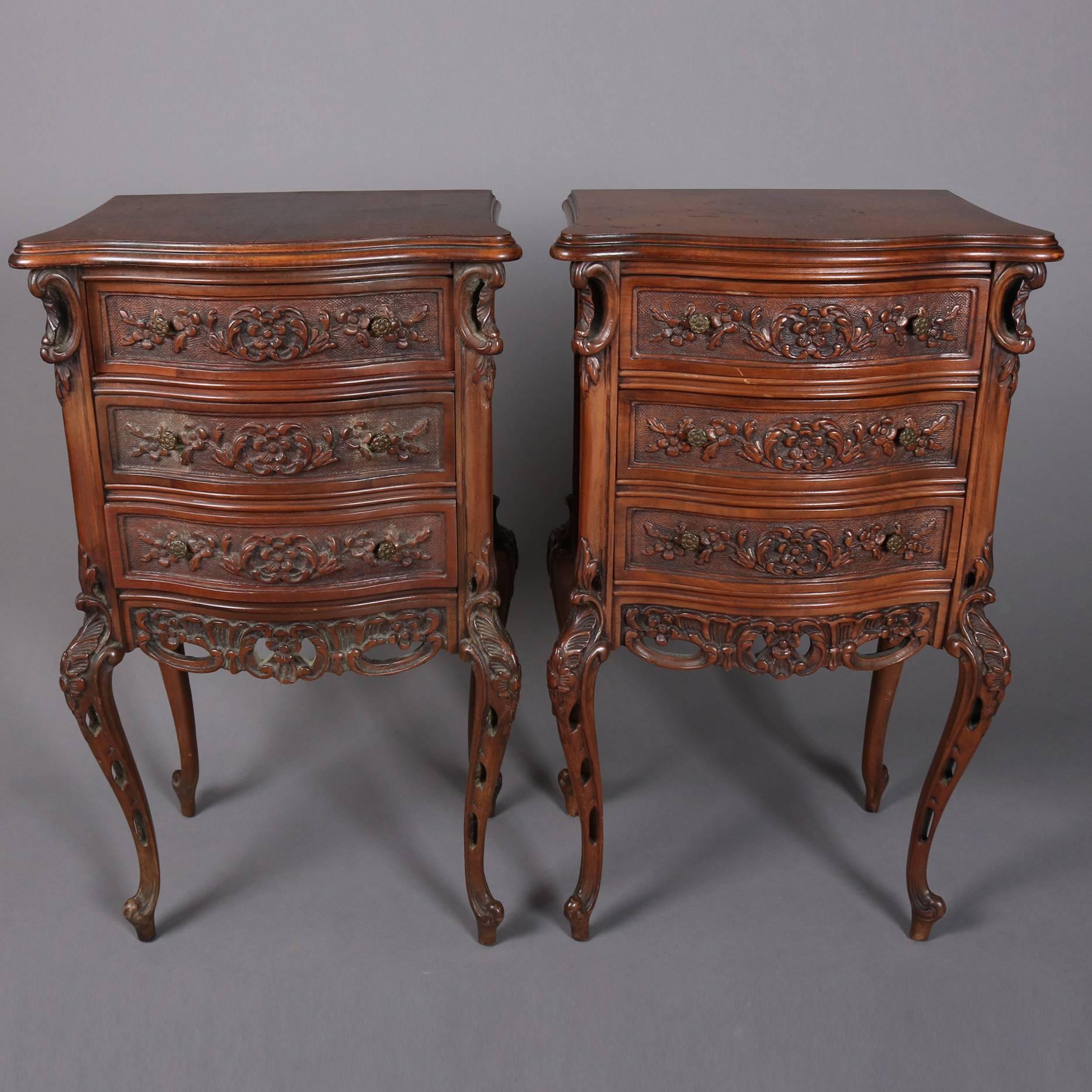 Pair of Antique French Foliate Carved Mahogany Three-Drawer Stands, 20th Century 1