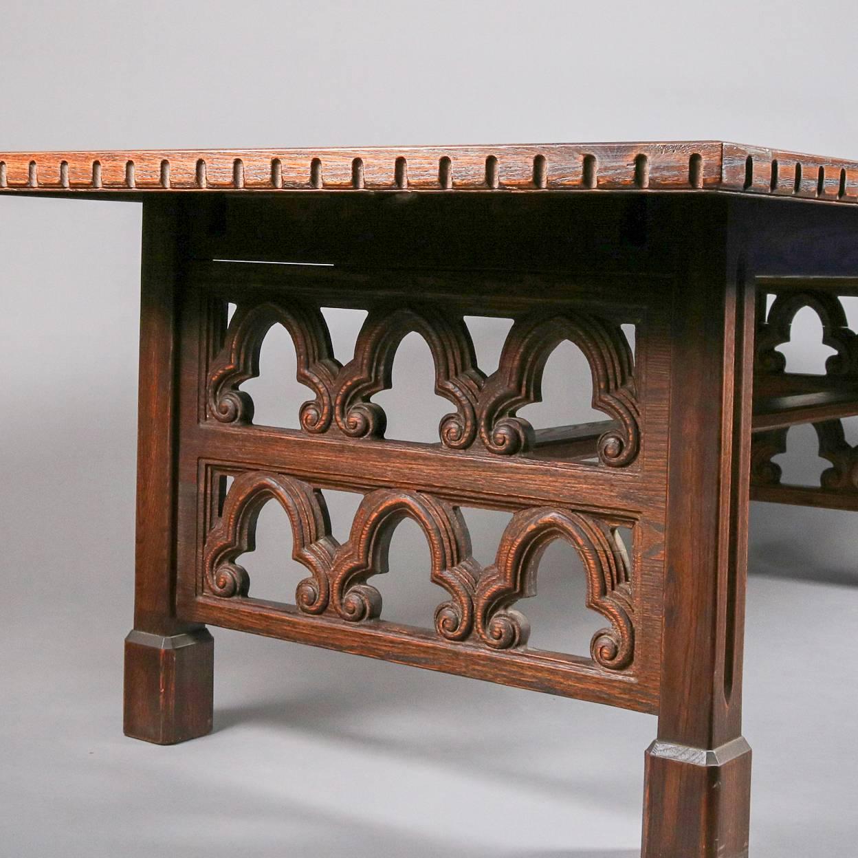 Antique English Carved Walnut Gothic Trestle Table With 2 Leaves, 19th Century 4