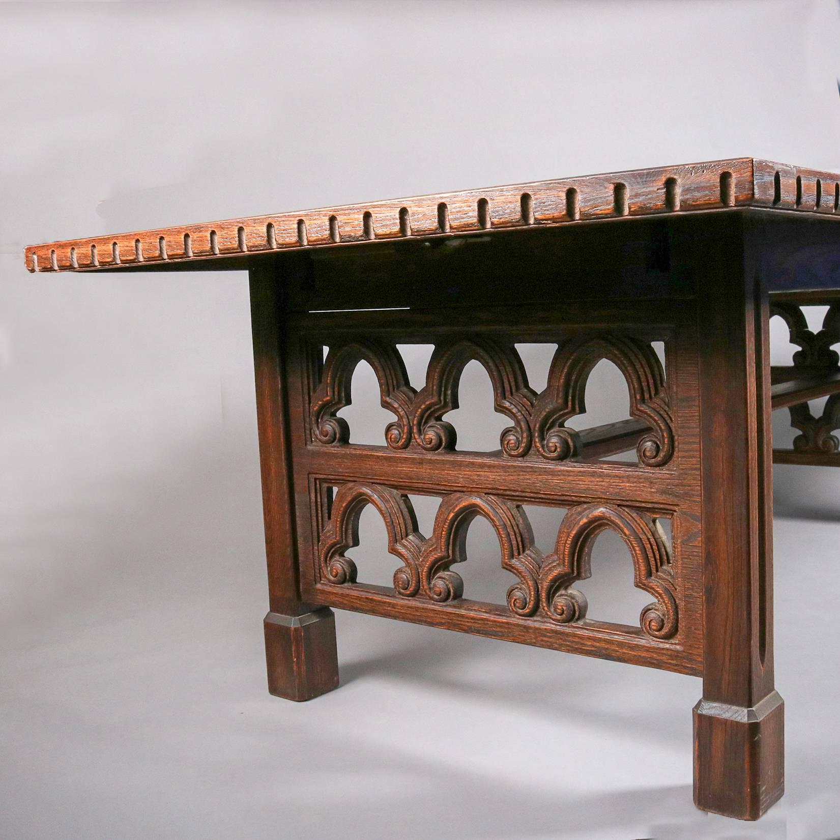 Antique English Carved Walnut Gothic Trestle Table With 2 Leaves, 19th Century 3