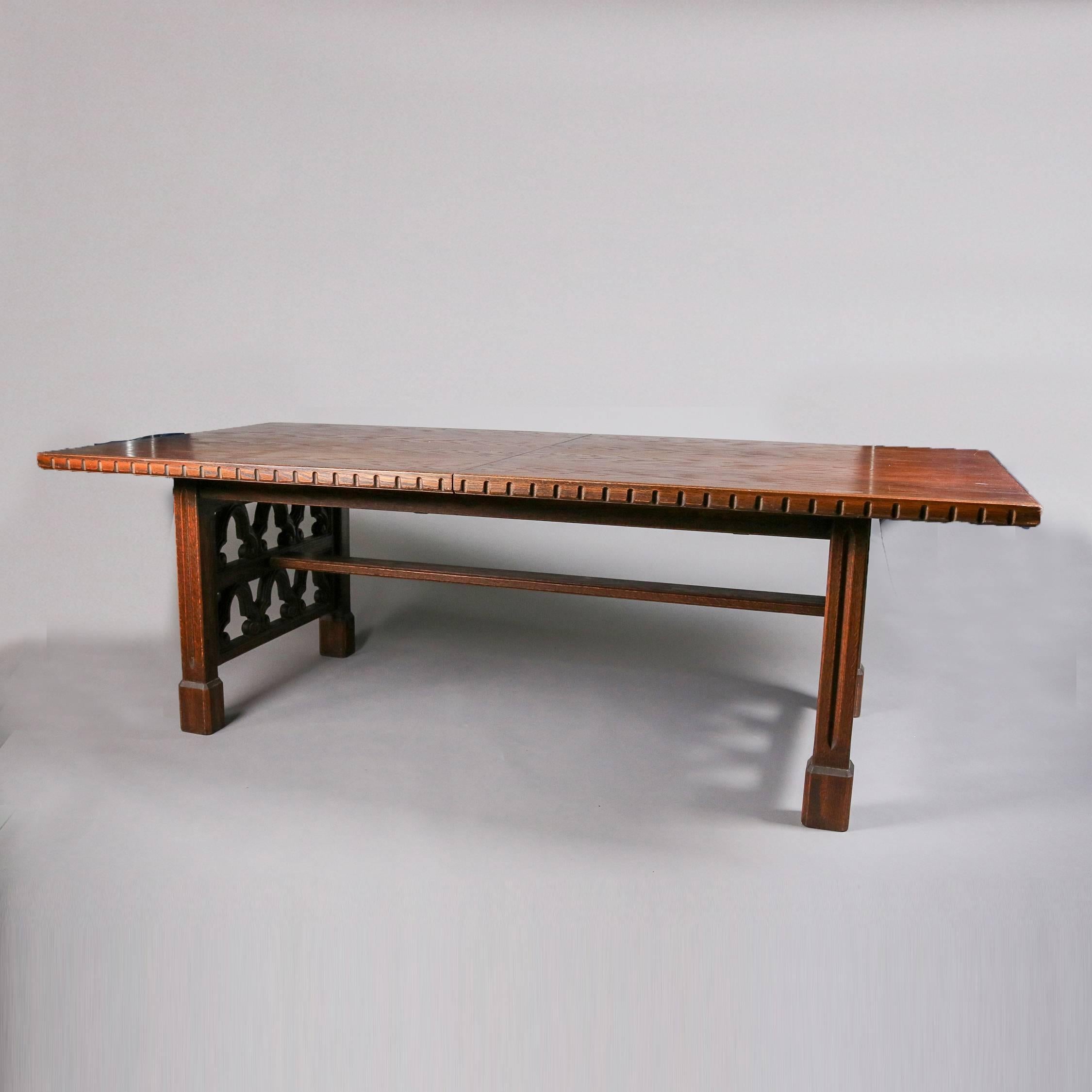 Antique English Carved Walnut Gothic Trestle Table With 2 Leaves, 19th Century 2