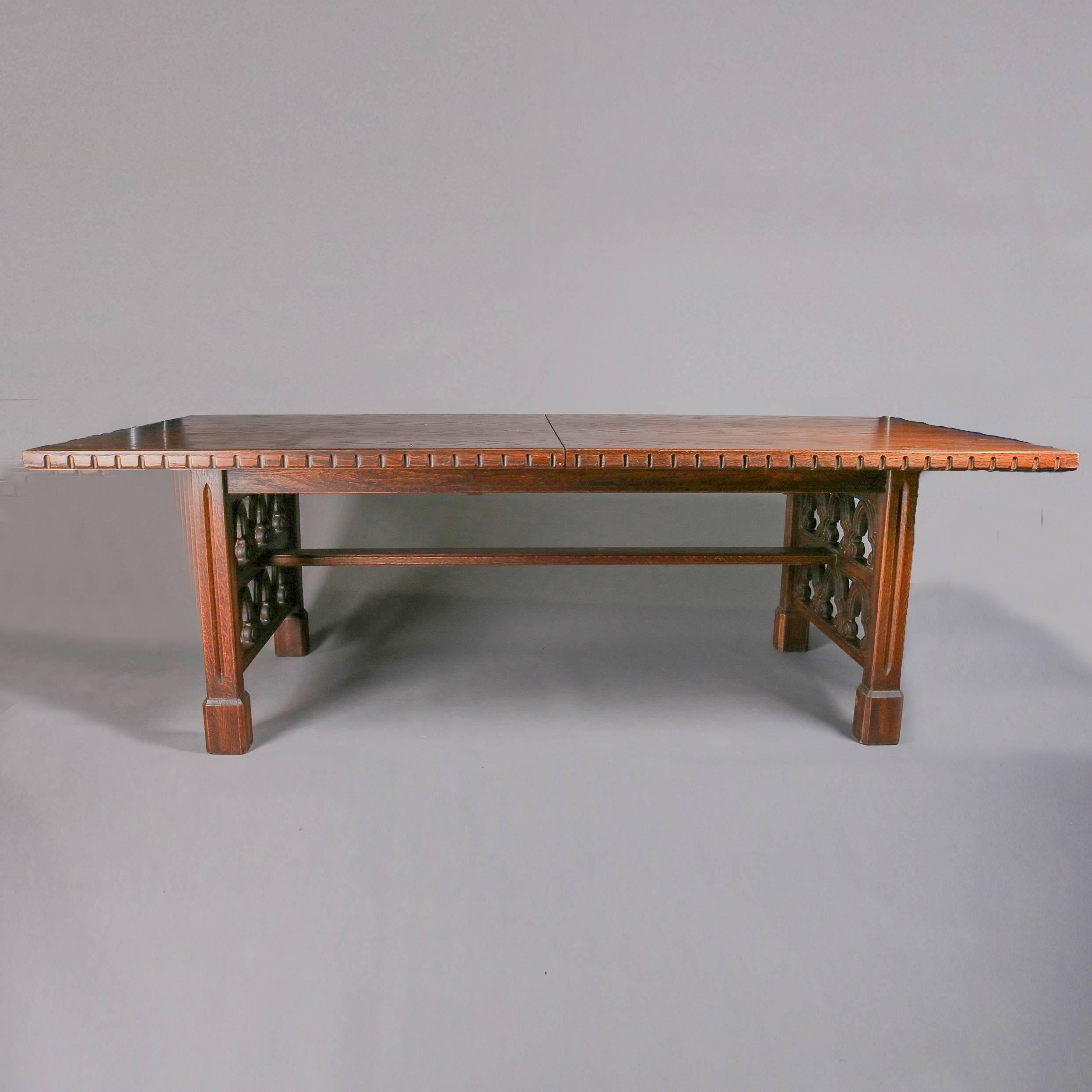 Antique English Carved Walnut Gothic Trestle Table With 2 Leaves, 19th Century In Good Condition In Big Flats, NY