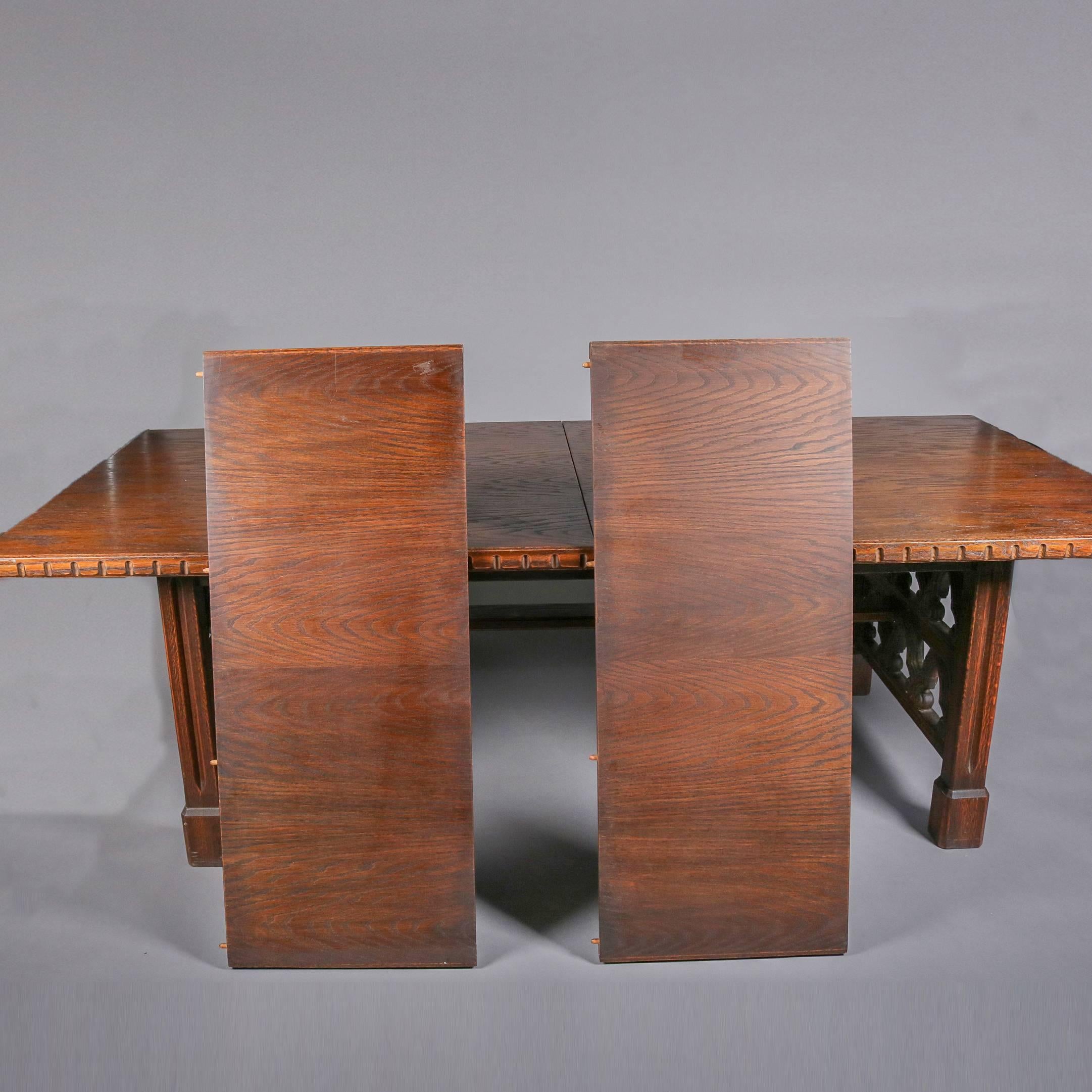 Antique English Carved Walnut Gothic Trestle Table With 2 Leaves, 19th Century 6