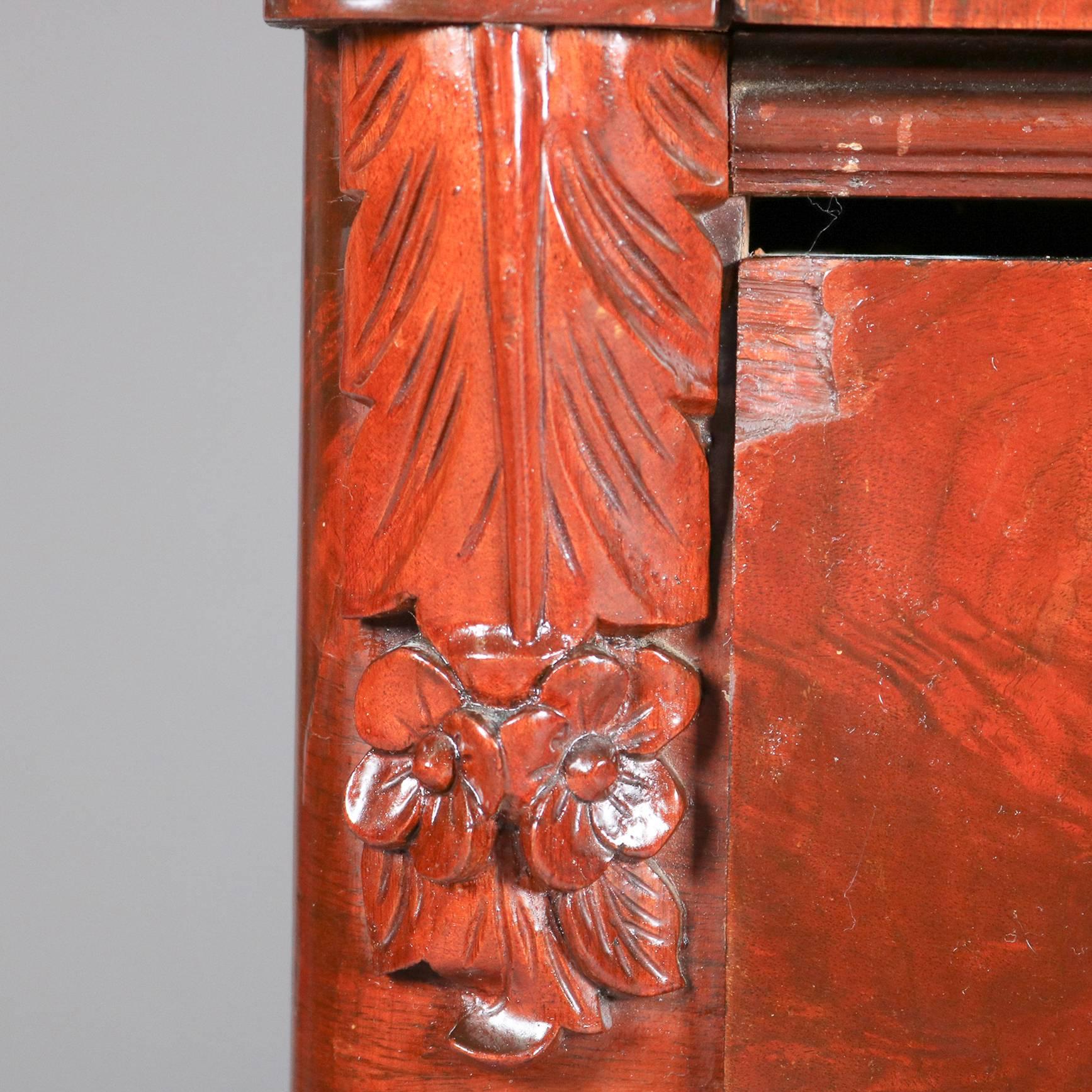 Antique American Empire Flame Mahogany Carved Slant Front Secretary 19th Century 1